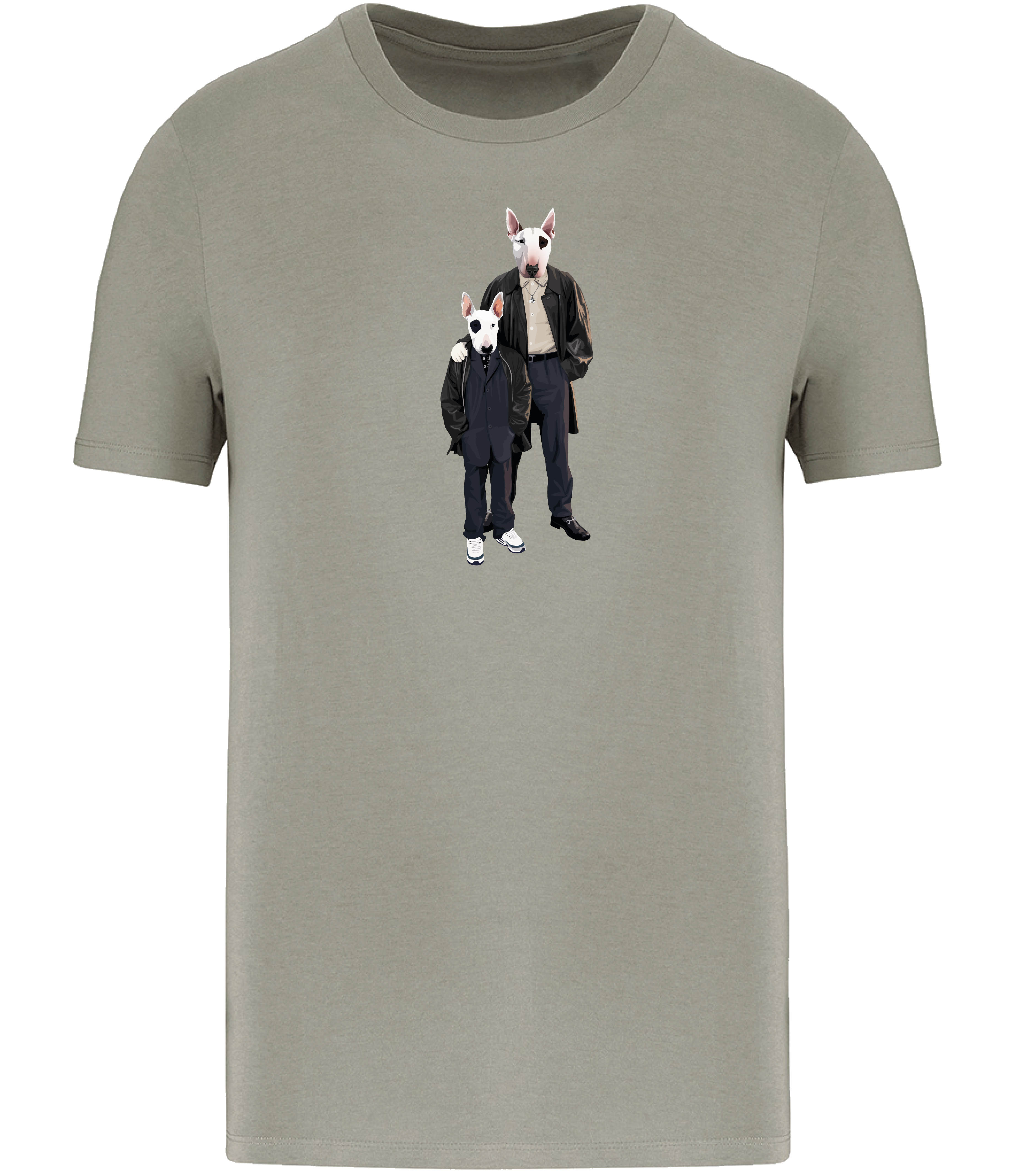 Almond Green T-shirt printed with an adult and boy English Bull Terrier Dogs wearing suits and leather jackets