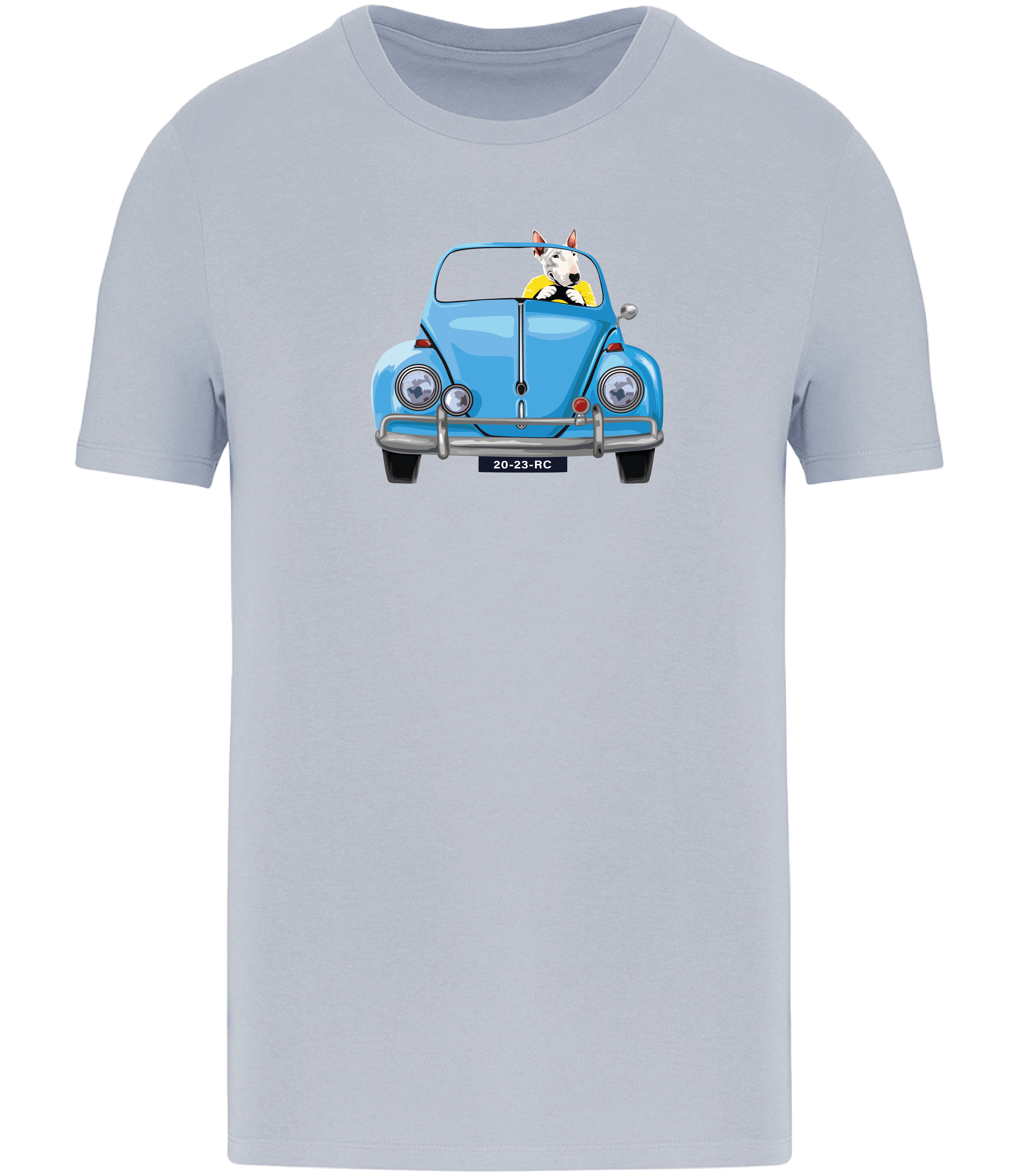 Aqua Blue T-shirt printed with an English Bull Terrier Dog wearing a yellow top driving a Blue Beetle Car