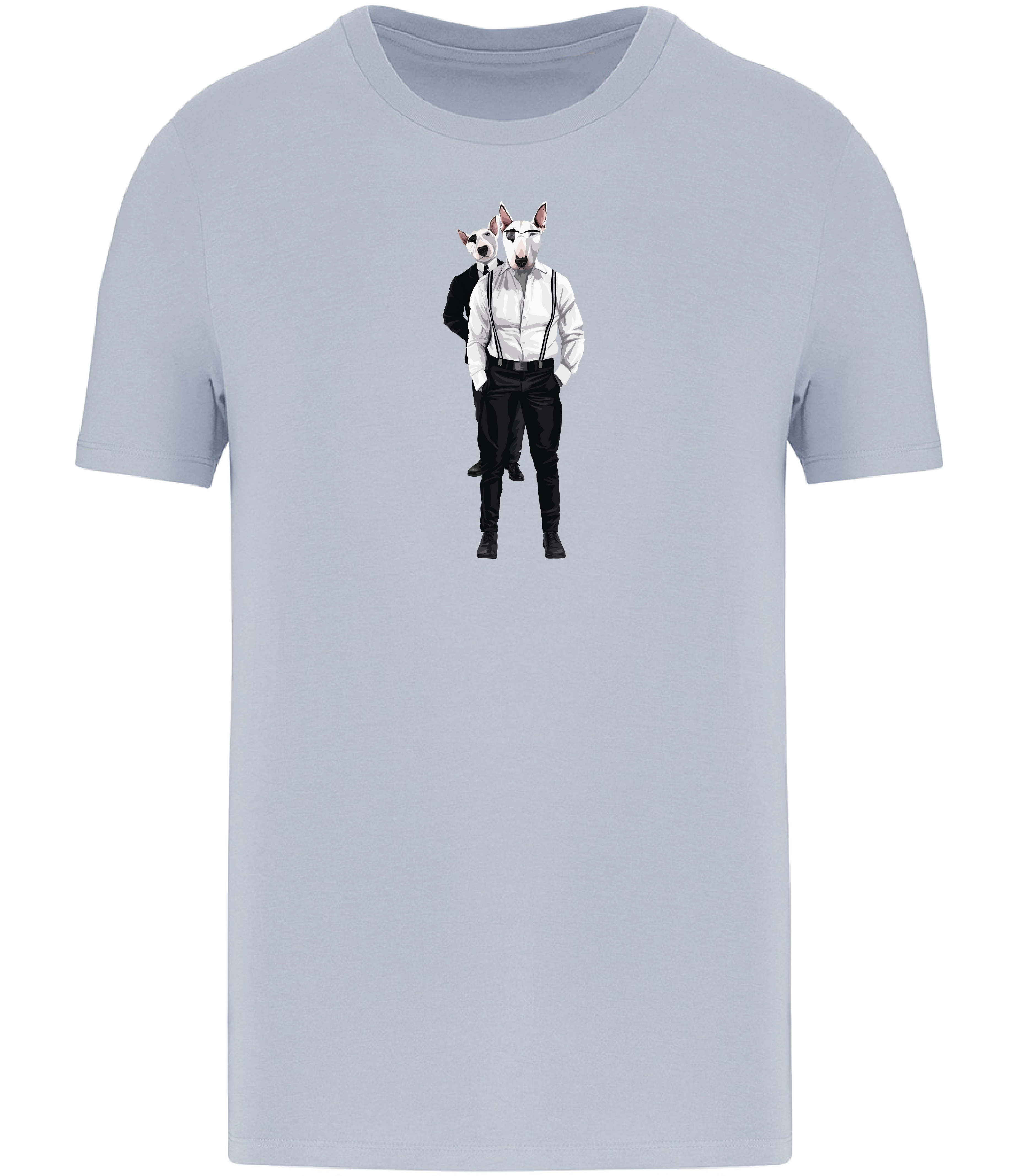 Aqua Blue T-shirt printed with 2 English Bull Terriers wearing suits and braces. One wearing glasses and the other one is looking over his shoulder.