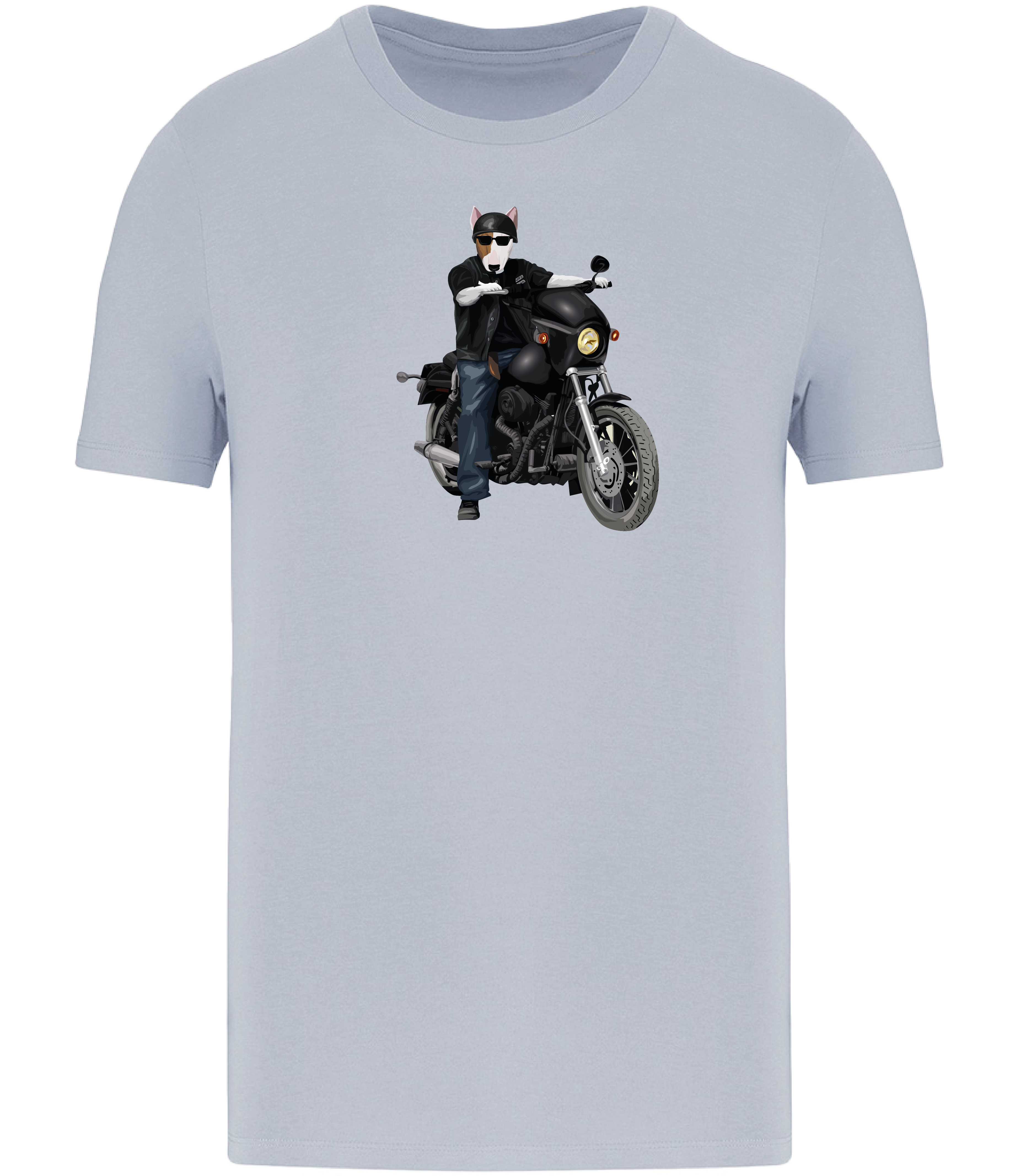 Aqua Blue T-shirt printed with an English Bull Terrier Dog riding a motorbike wearing a helmet