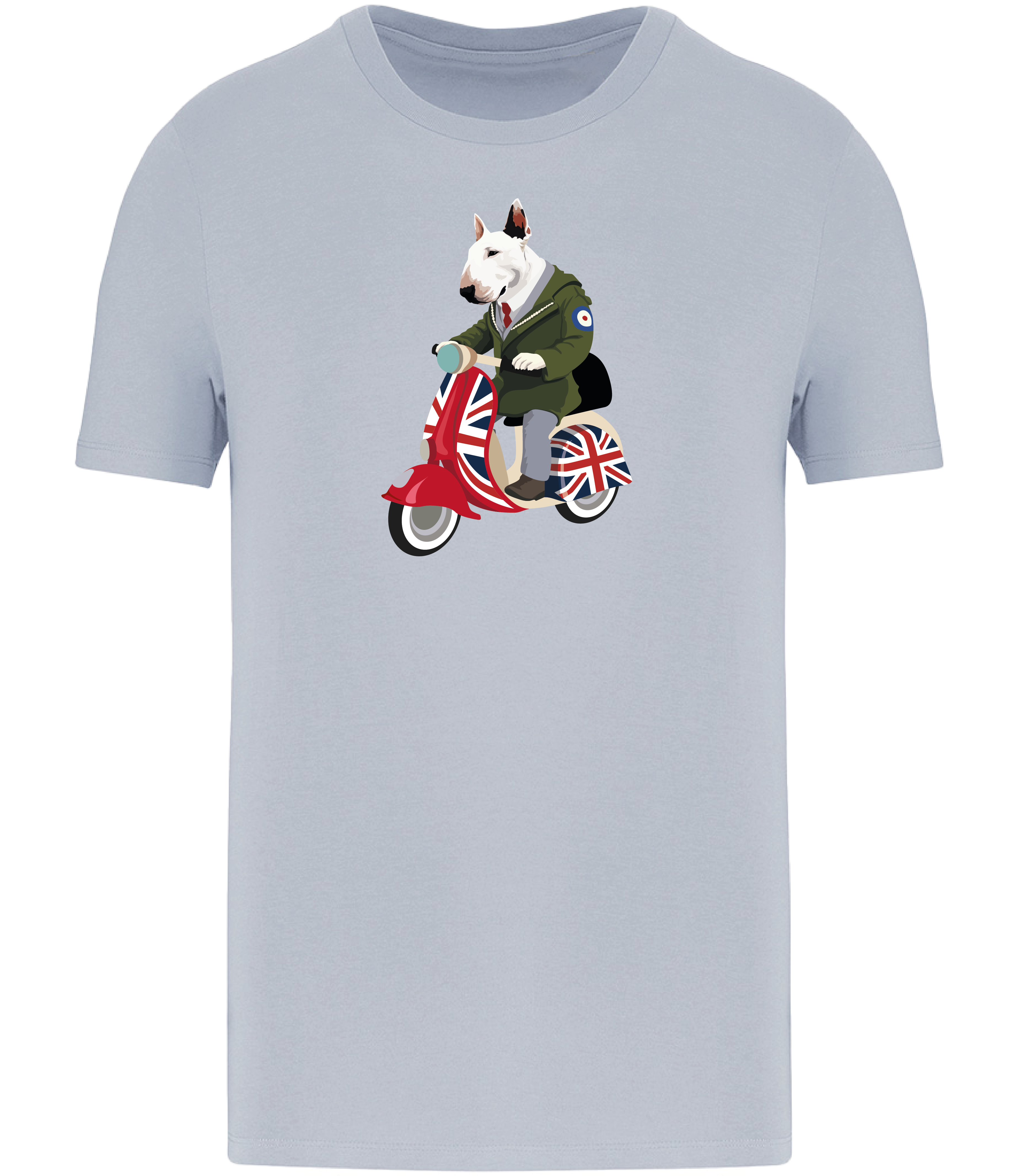 Aqua Blue T-shirt printed with and English Bull Terrier Dog wearing a parka coat riding a scooter painted in Union Jack colours