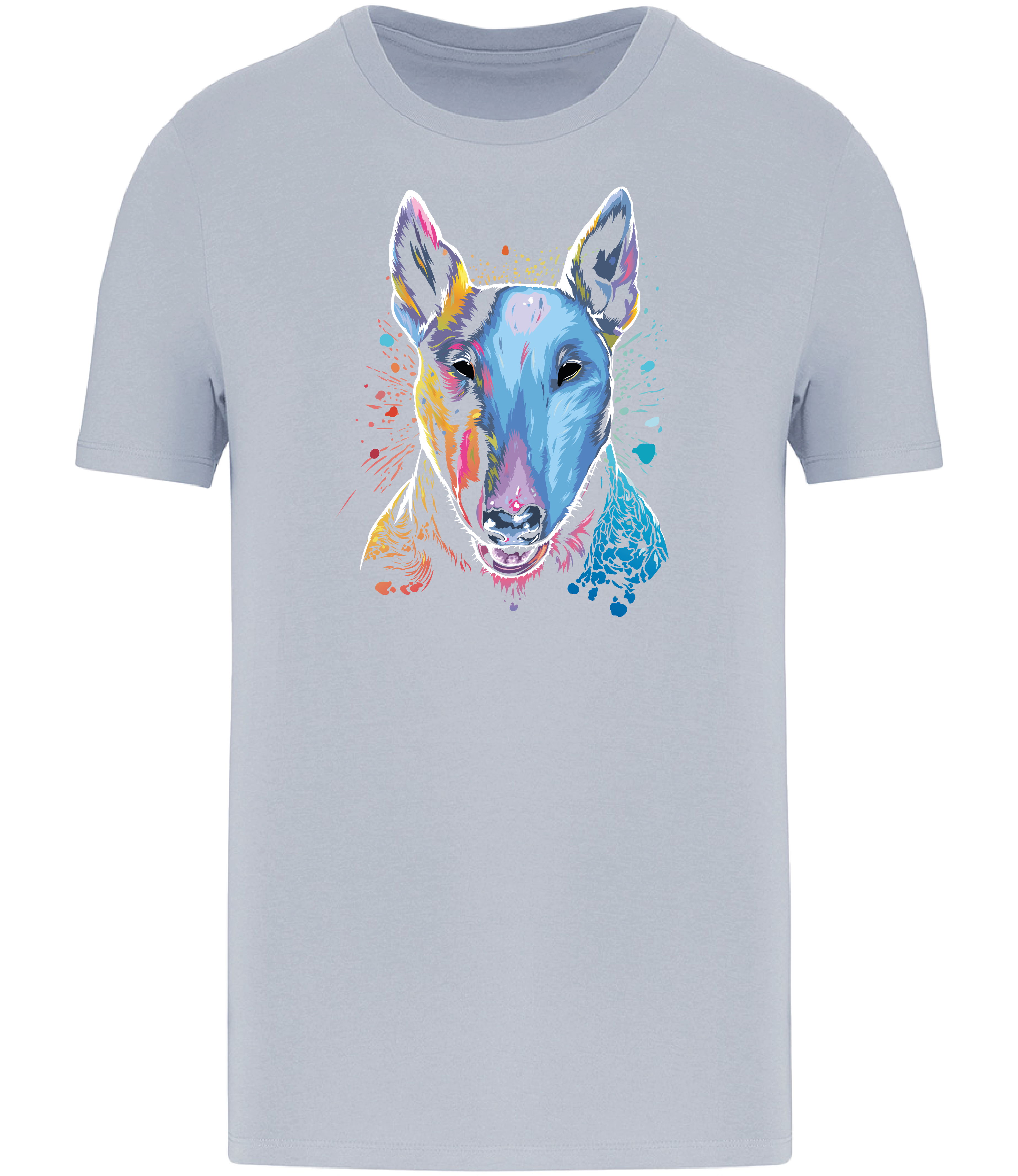 Aqua Blue T-shirt printed with an English Bull Terrier Dog face in bright colours and paint splashes 