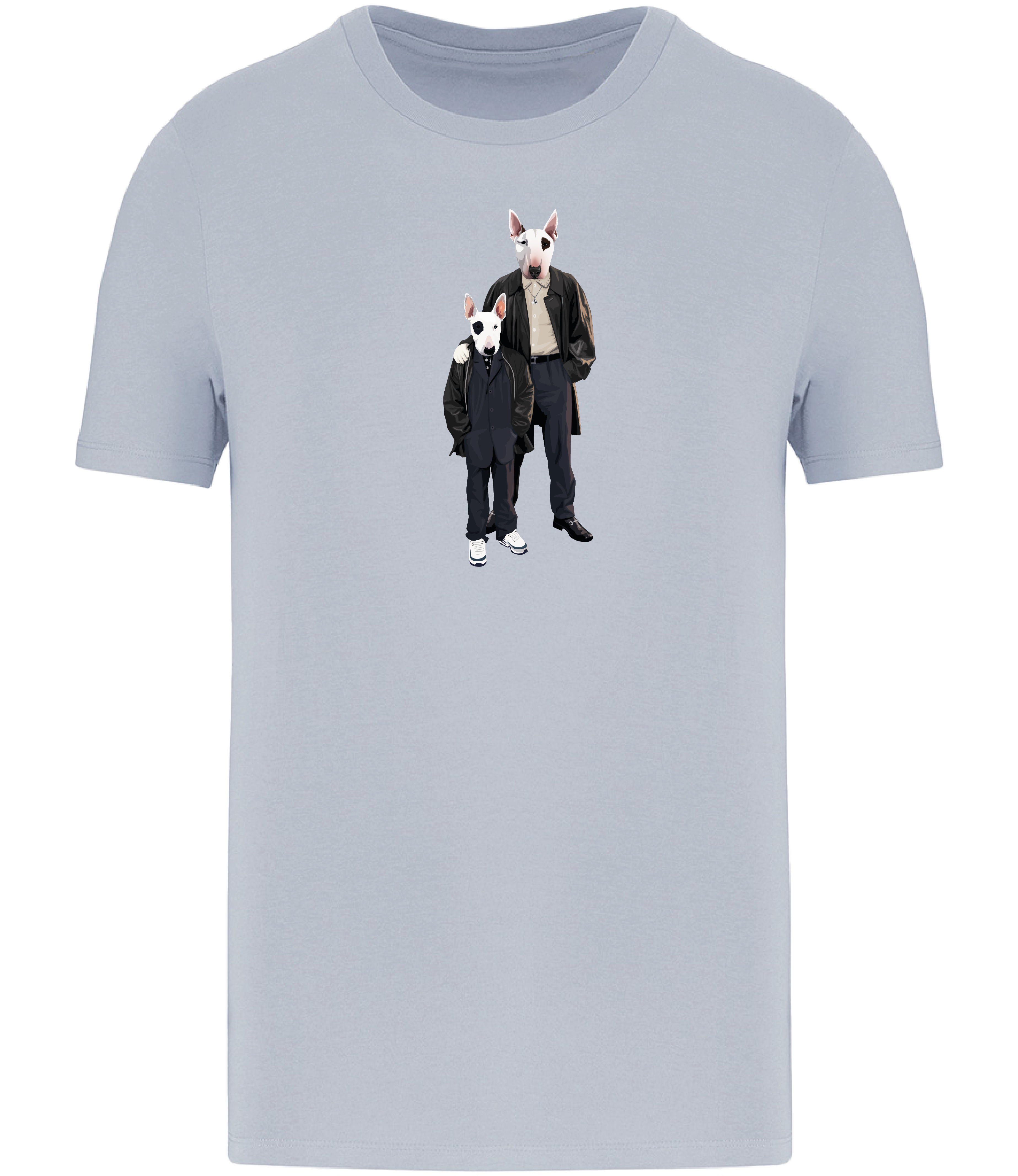 Aqua Blue T-shirt printed with an adult and boy English Bull Terrier Dogs wearing suits and leather jackets