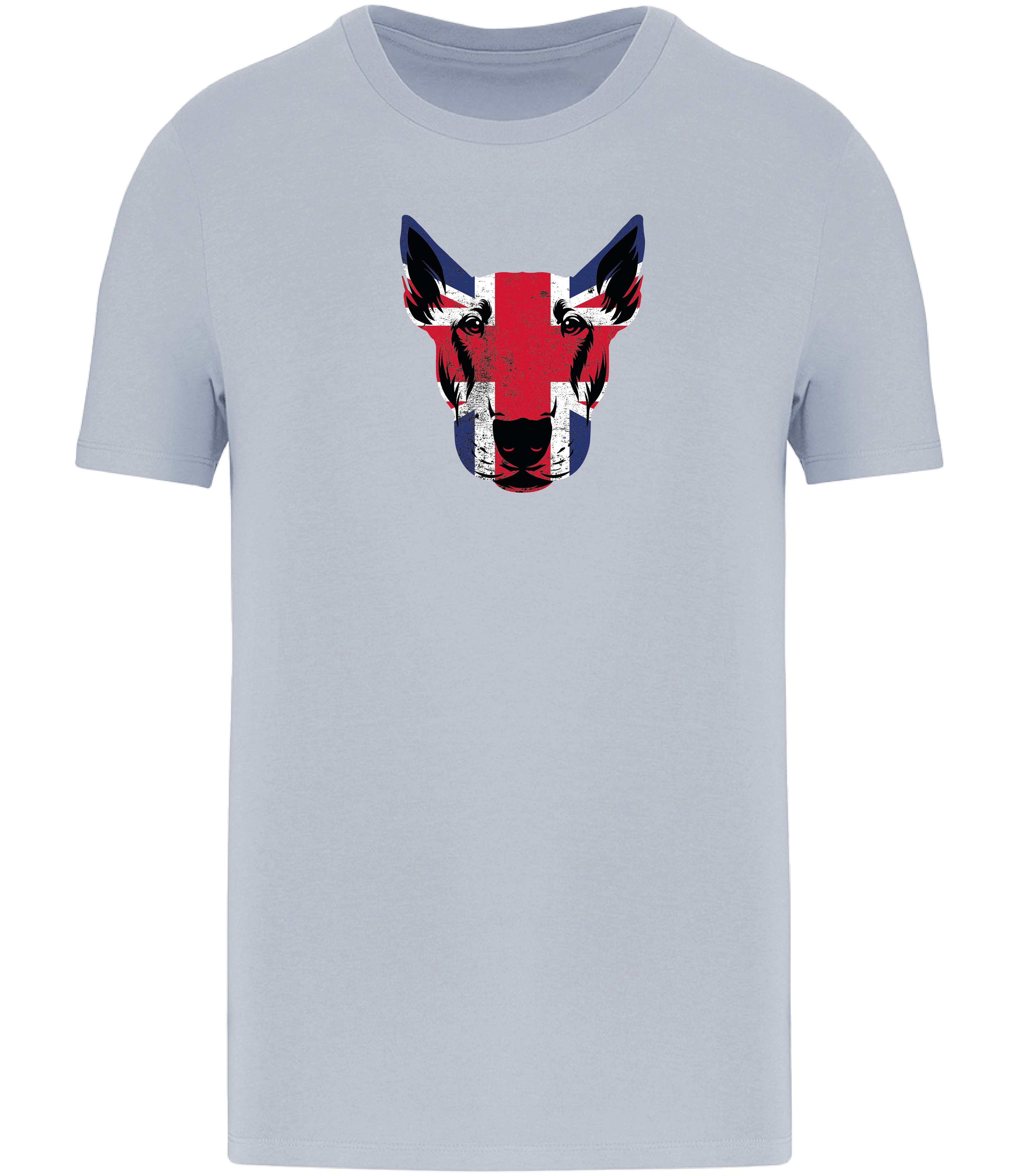 Aqua Blue T-shirt printed with and English Bull Terrier Face covered in Union Jack Colours