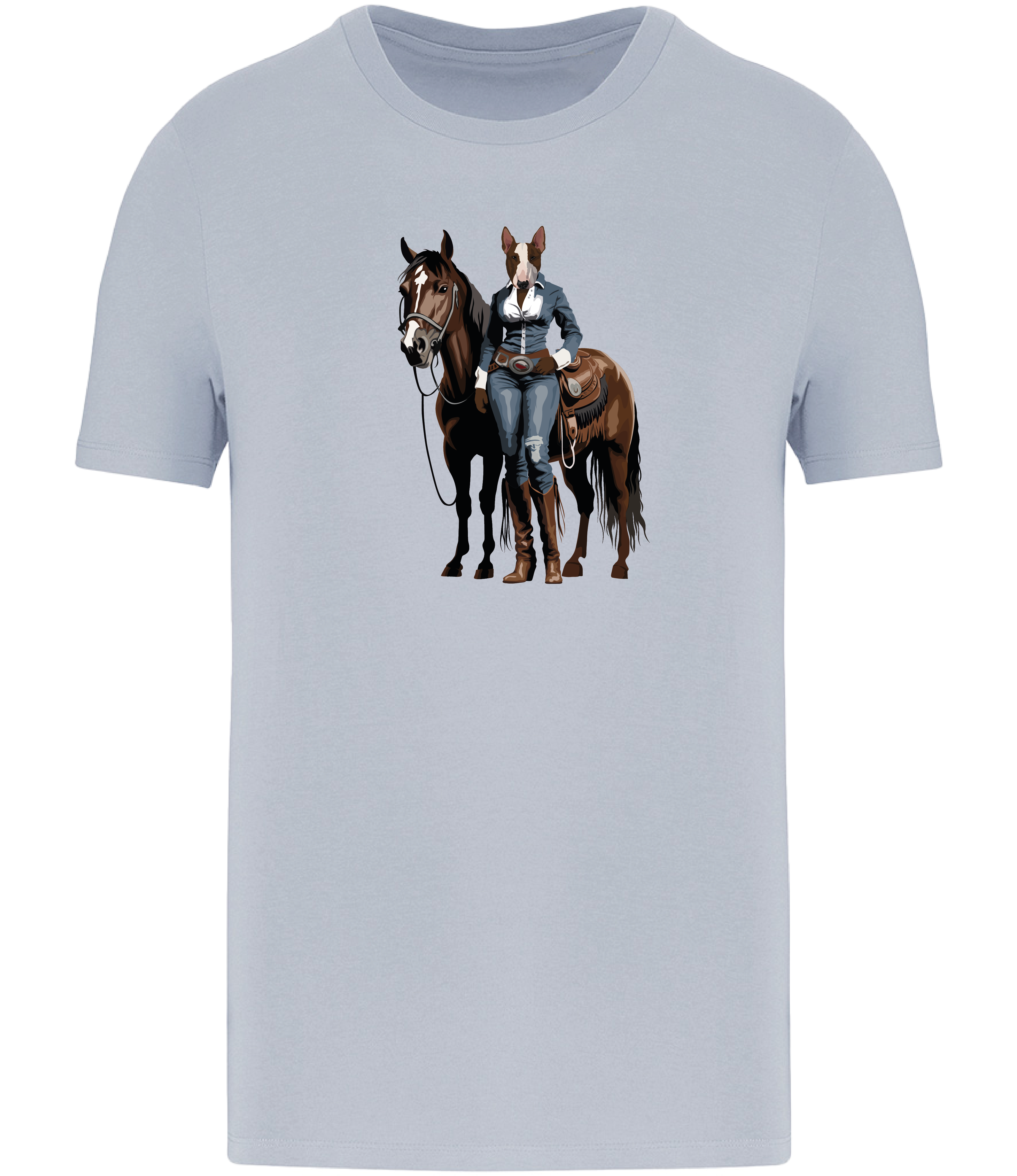 Aqua Blue T-shirt printed with and English Bull Terrier Dog dressed in denim western clothing with a horse in western style