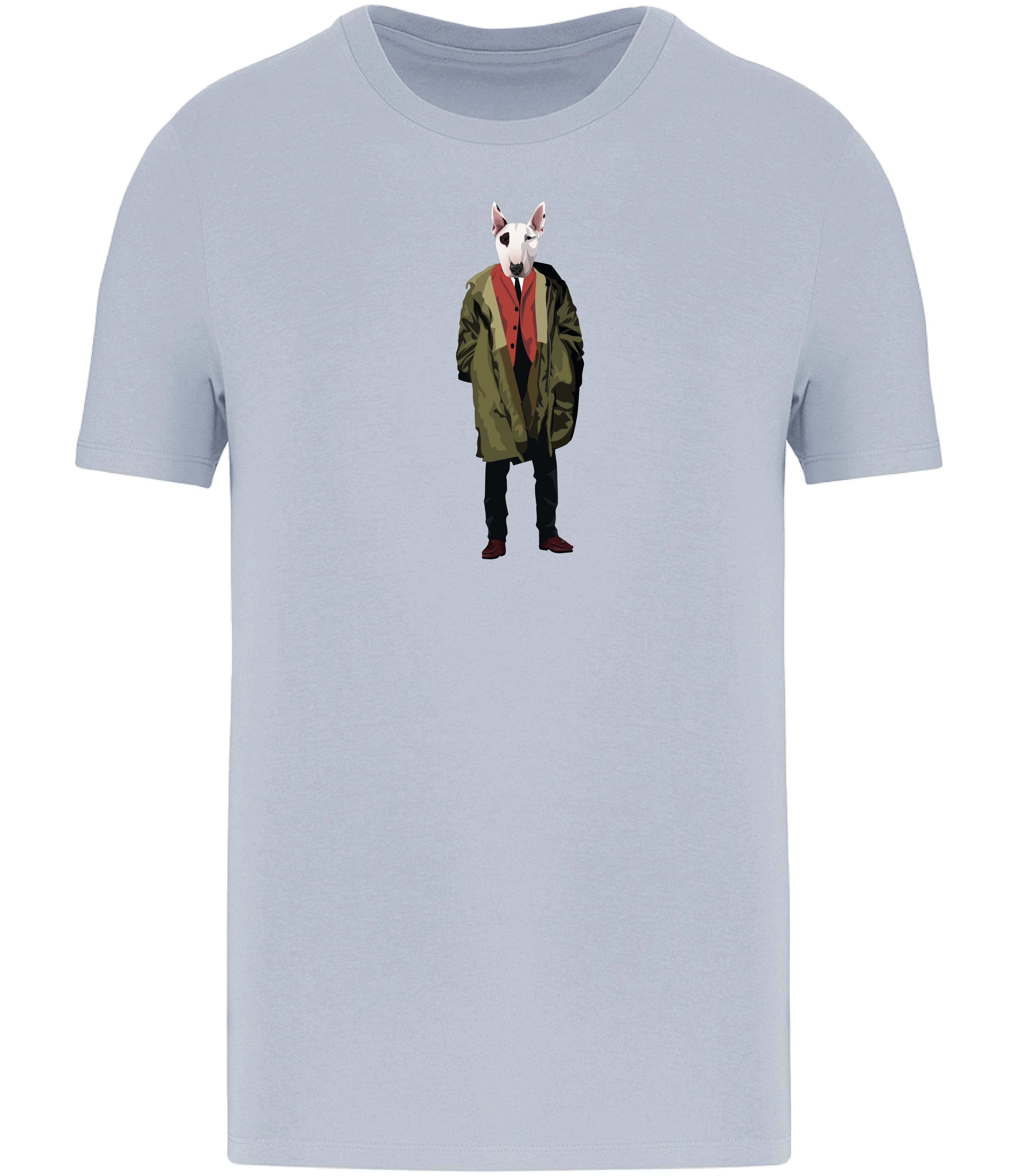 Aqua Blue T-shirt printed with English Bull Terrier Dog wearing a green Parka Jacket and red waistcoat