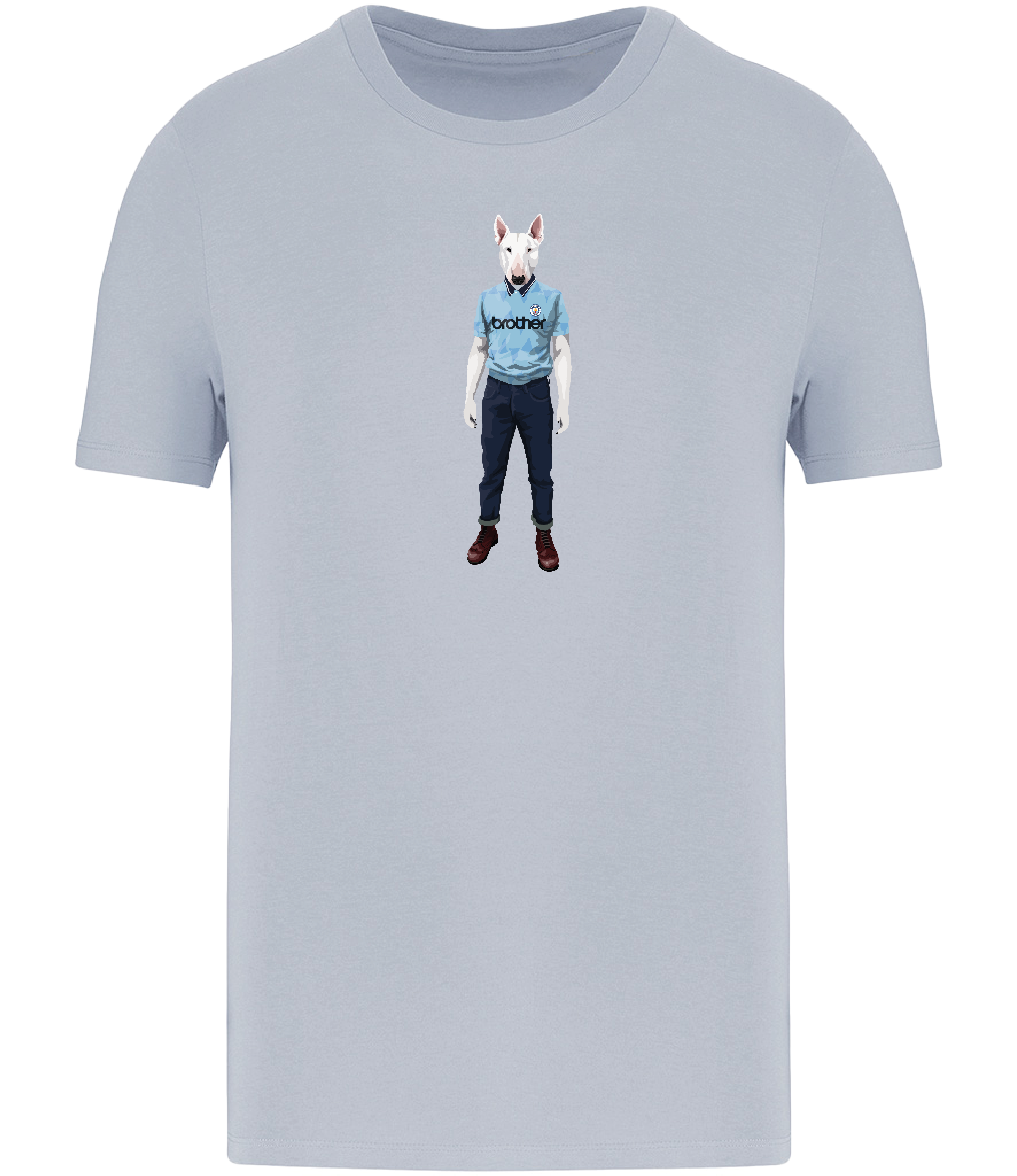 Aqua Blue T-shirt printed with an English Bull Terrier Dog wearing a Manchester City Football Shirt and Jeans
