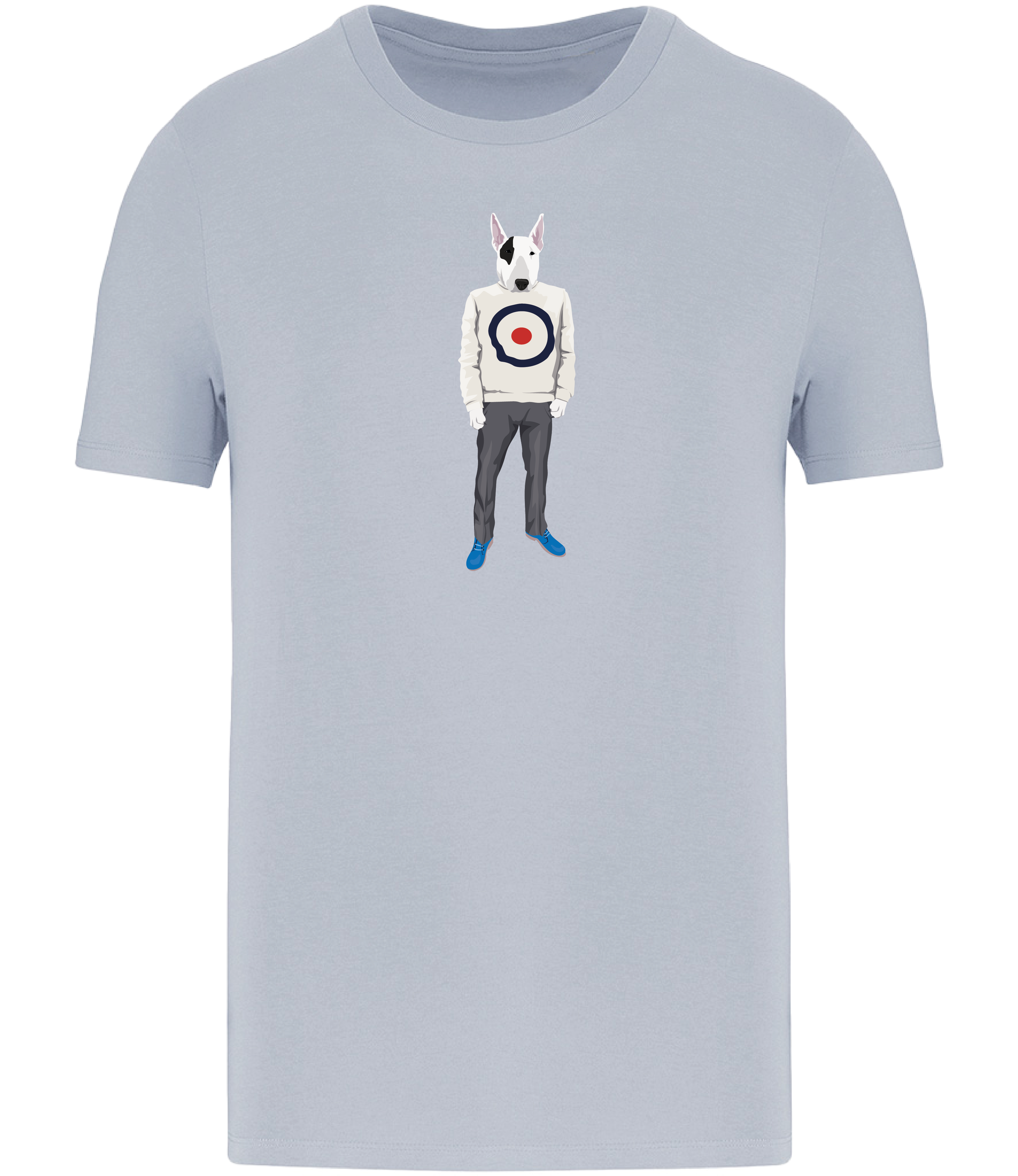 Aqua Blue T-shirt Printed with an English Bull Terrier Dog wearing a jumper with a target on it, grey trousers and blue shoes