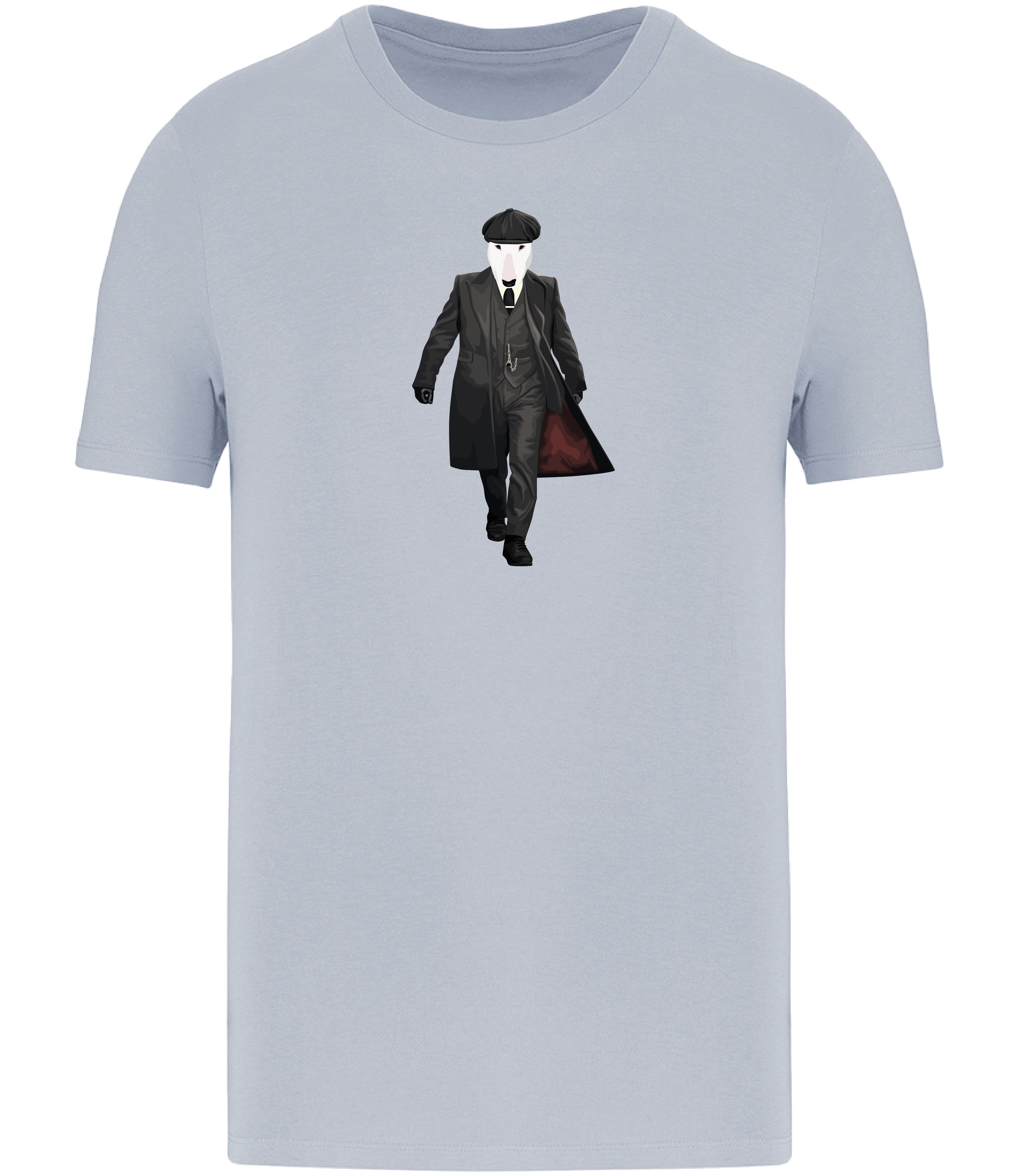 Aqua Blue T-shirt printed with an English Bull Terrier Dog dressed as the character Thomas Shelby from the TV series Peaky Blinders