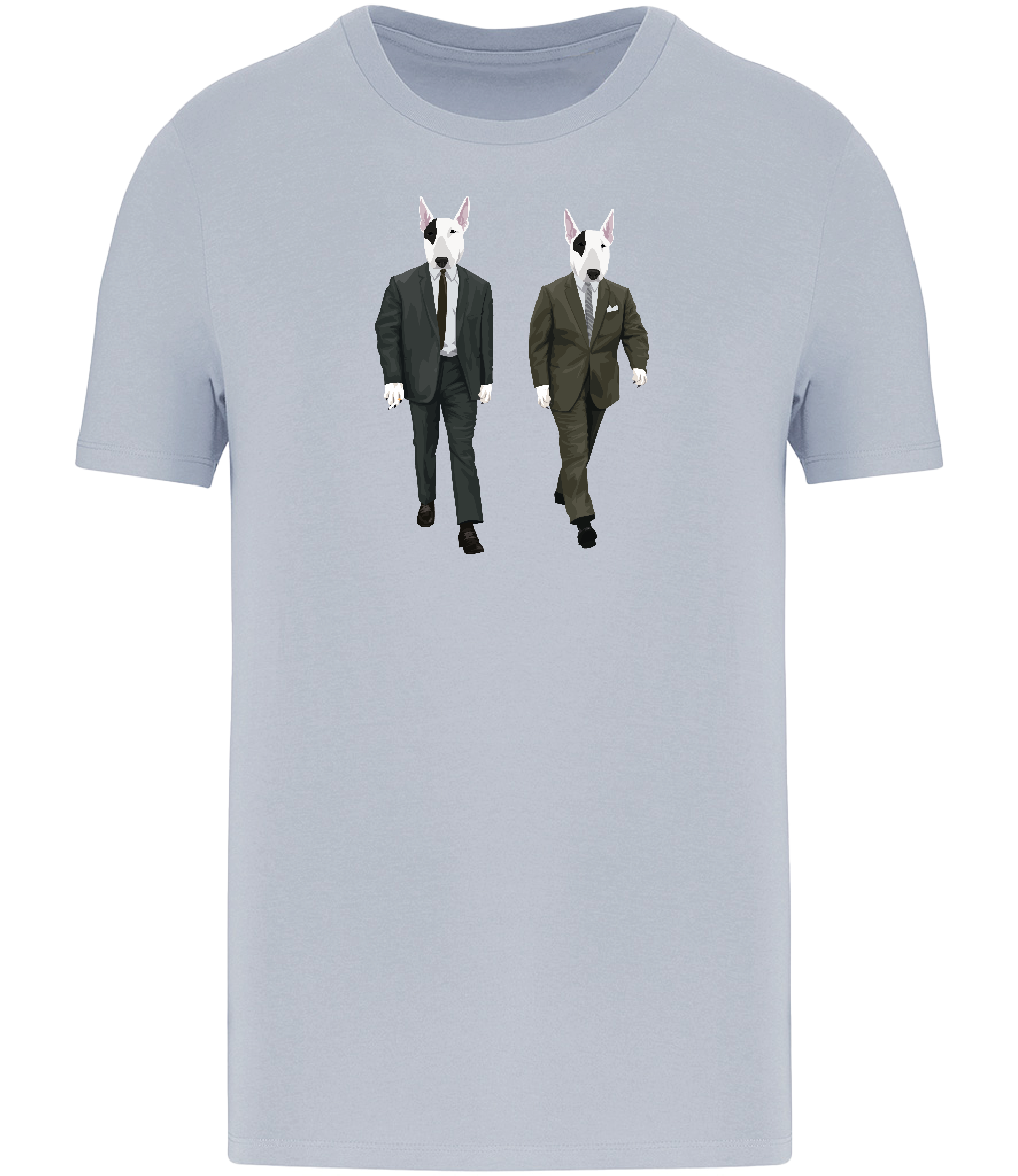 Aqua Blue T-shirt printed with 2 identical looking English Bull Terrier Dogs wearing suits and ties