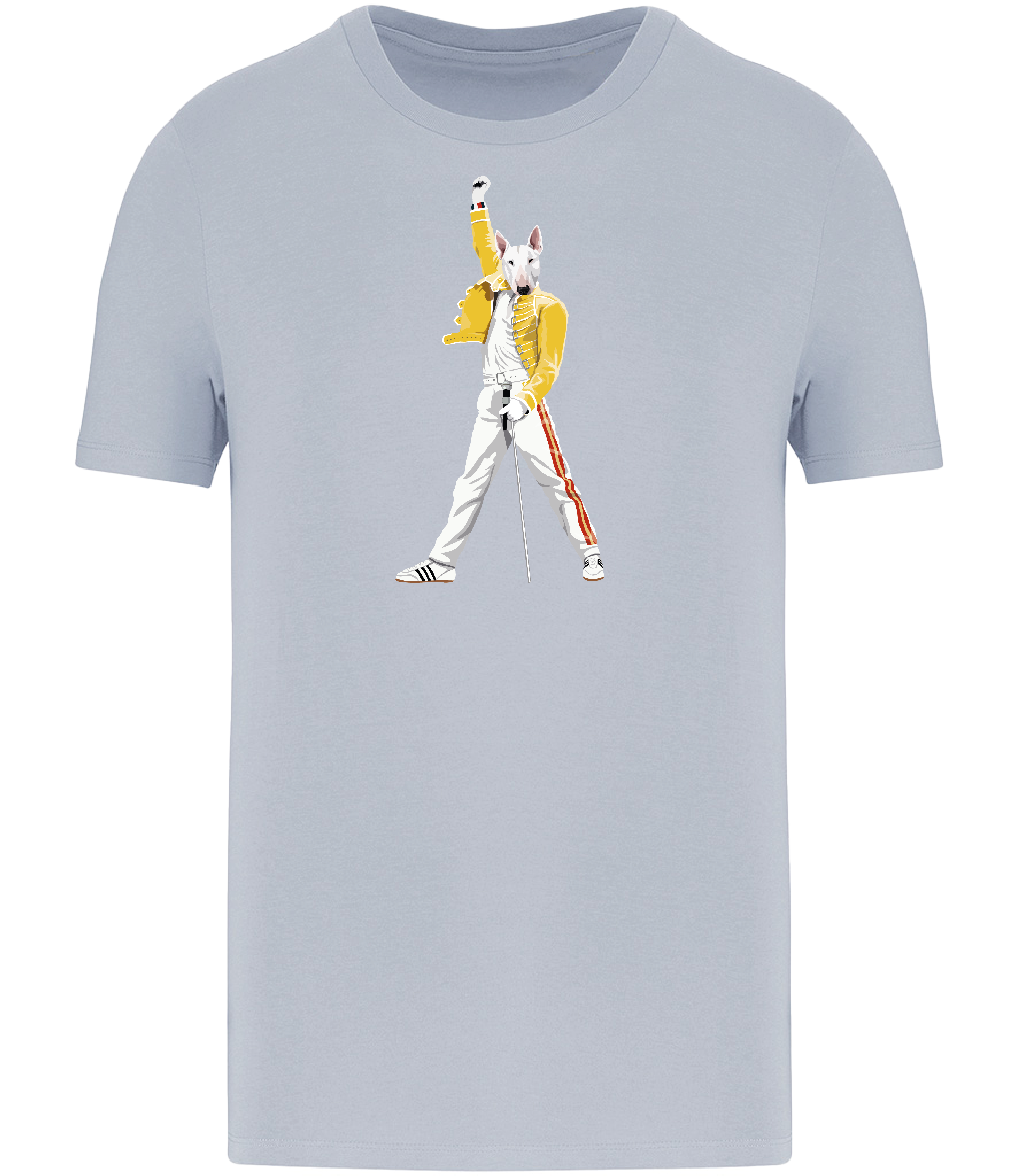 Aqua Blue T-shirt printed with an English Bull Terrier Dog Dressed up like the pop Icon Freddie mercury holding a microphone