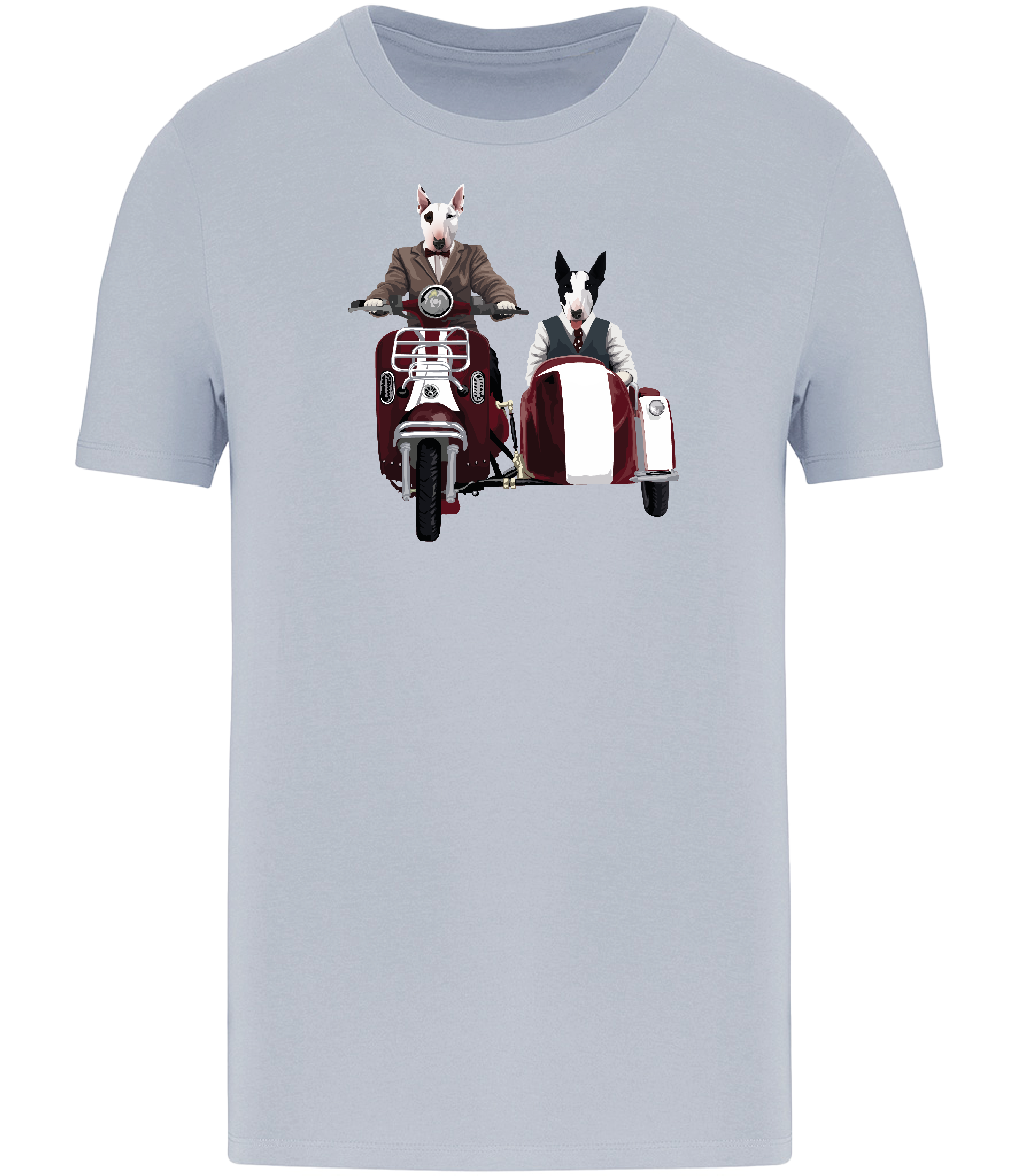 Aqua Blue T-shirt printed with an English Bull Terrier riding a Motorcycle and side car and another English Bull Terrier riding in the sideca