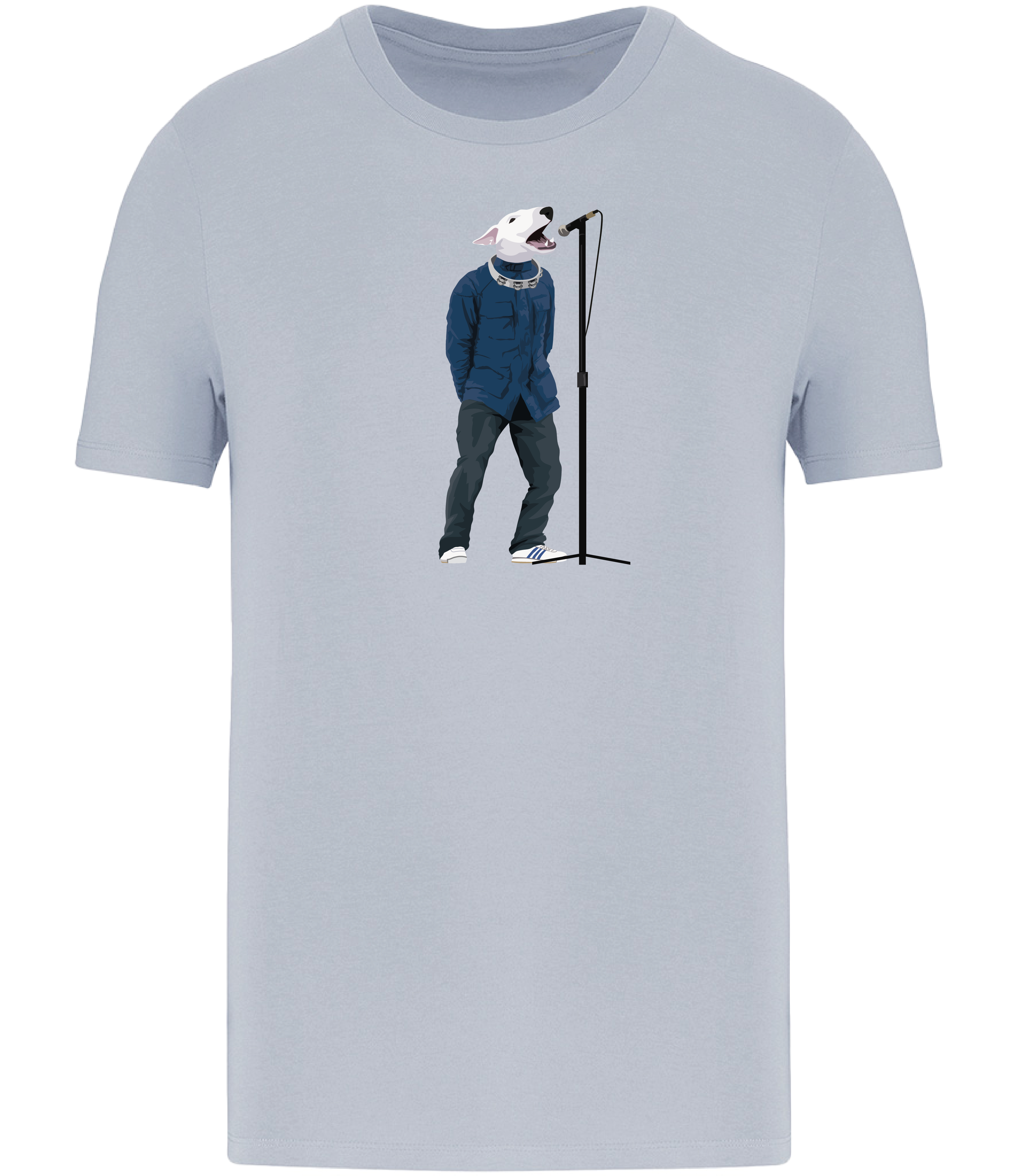 Aqua Blue T-shirt printed with an English Bull Terrier Dog wearing a blue jacket, jeans and trainers. A tambourine round his neck singing into a microphone