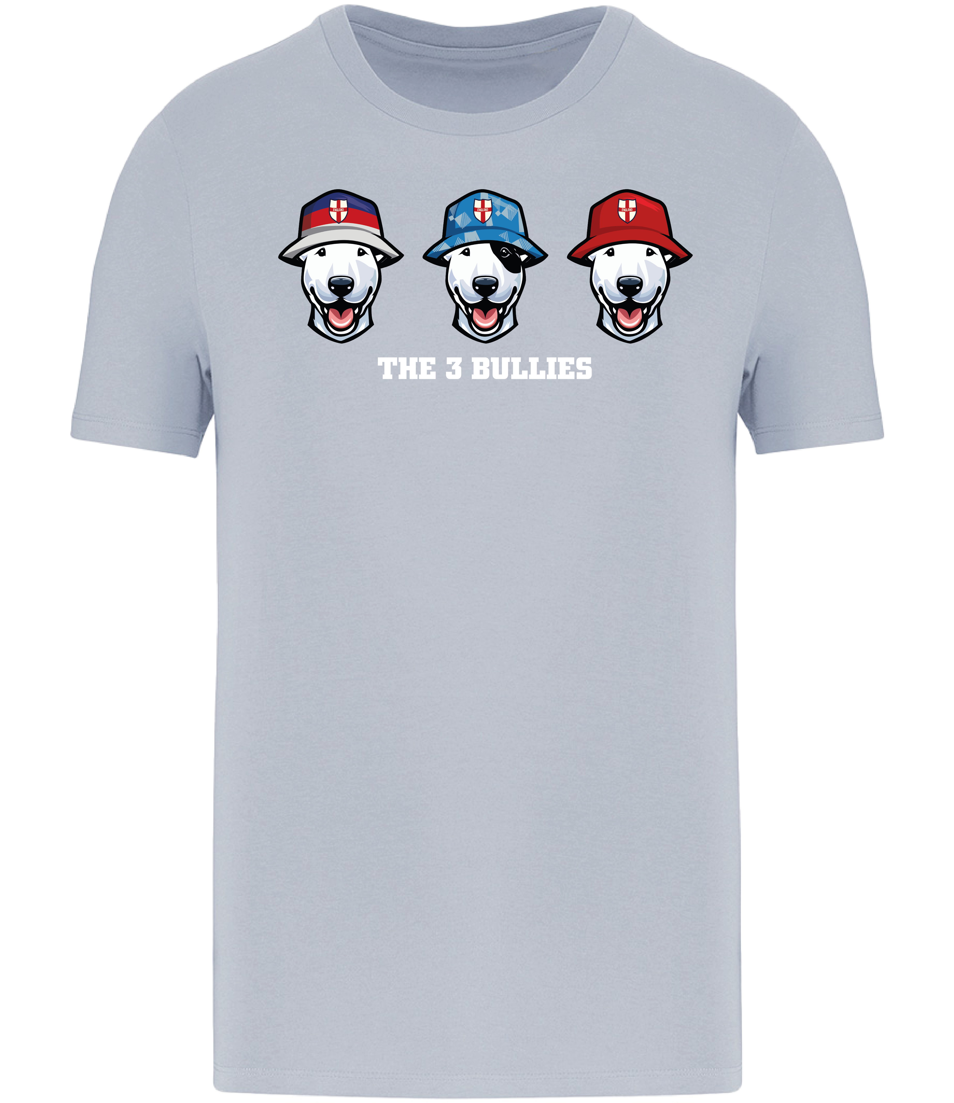 Aqua Blue T-shirt printed with 3 English Bull Terrier Heads wearing Bucket hats decorated with St Georges flags and The 3 Bullies written underneath