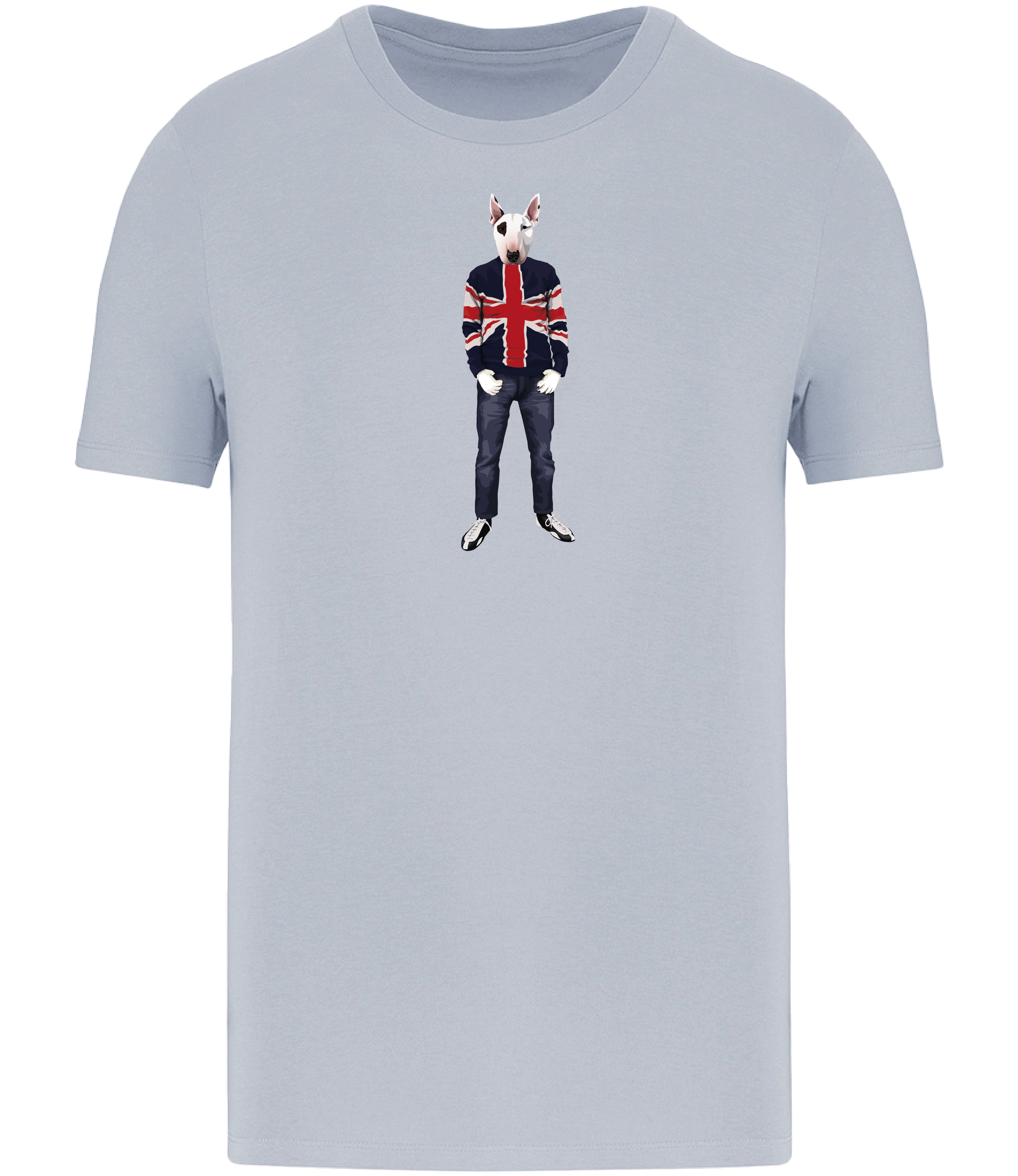 Aqua Blue T-shirt printed with an English Bull Terrier Dog with an eye patch wearing a Union Jack jumper, jeans and trainers