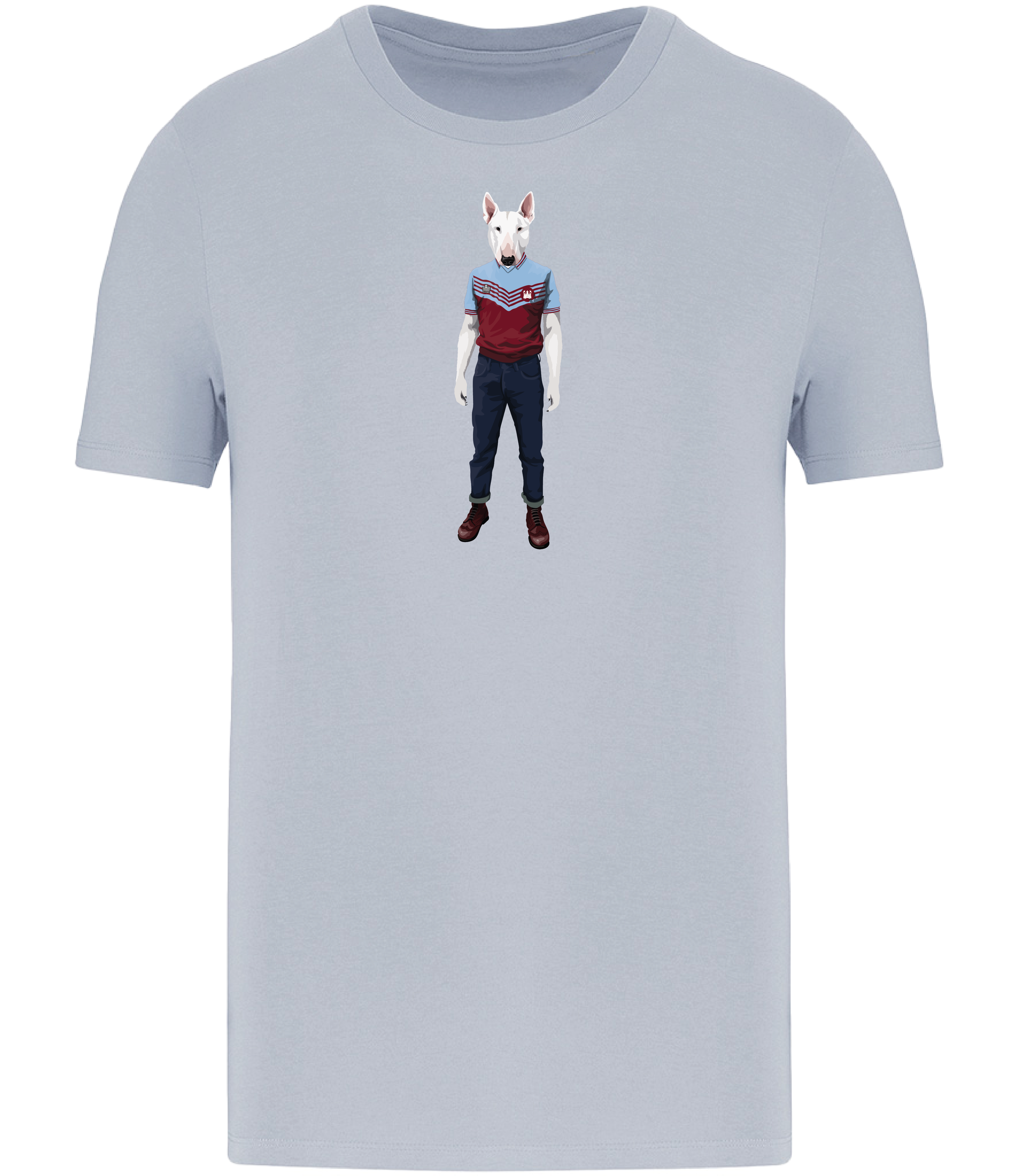 Aqua Blue T-shirt printed with an English Bull Terrier Dog wearing a West Ham Football Top, Jeans and Boots