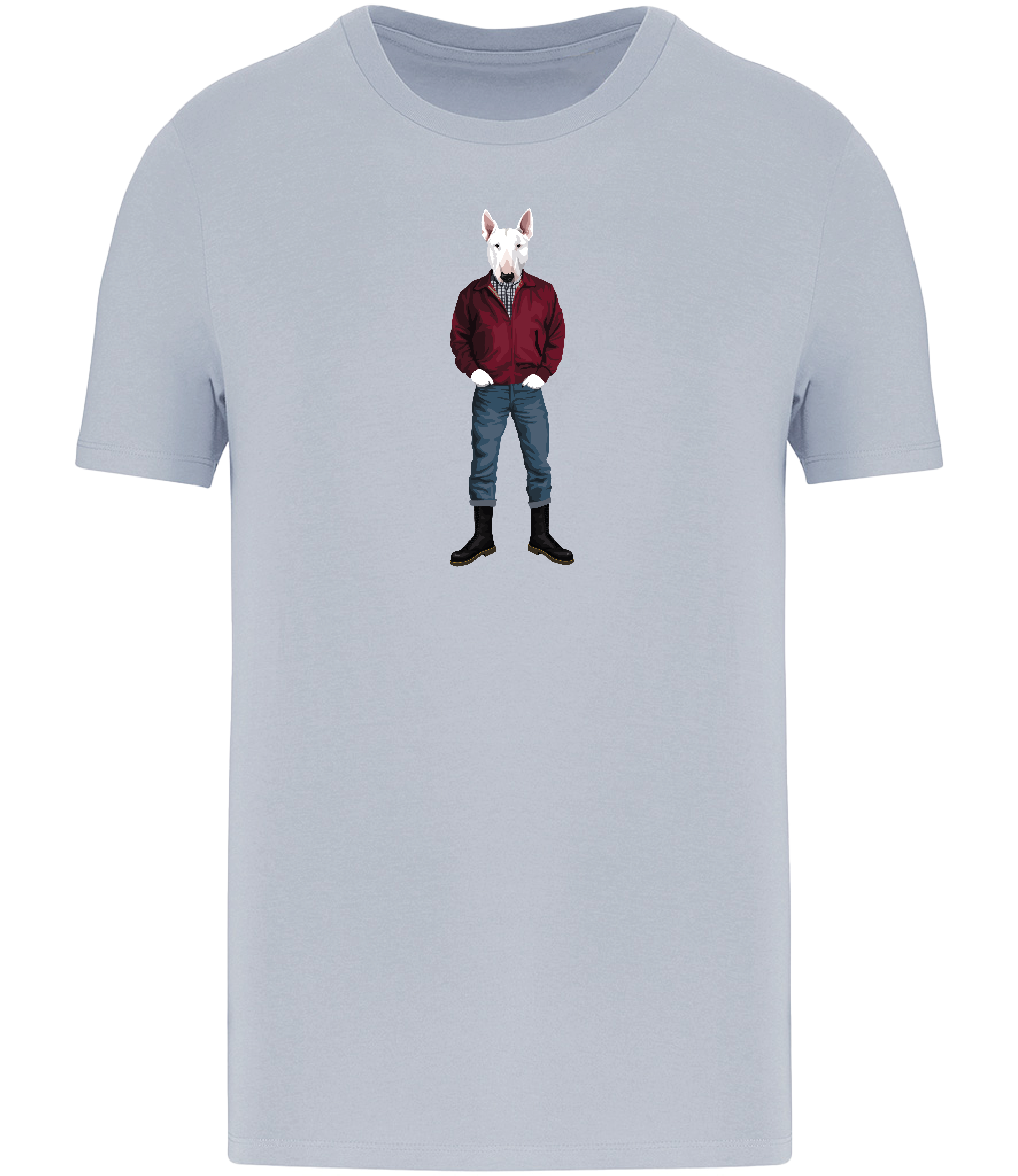 Aqua Blue T-shirt printed with an English Bull Terrier Dog wearing a red jacket, rolled up jeans and boots
