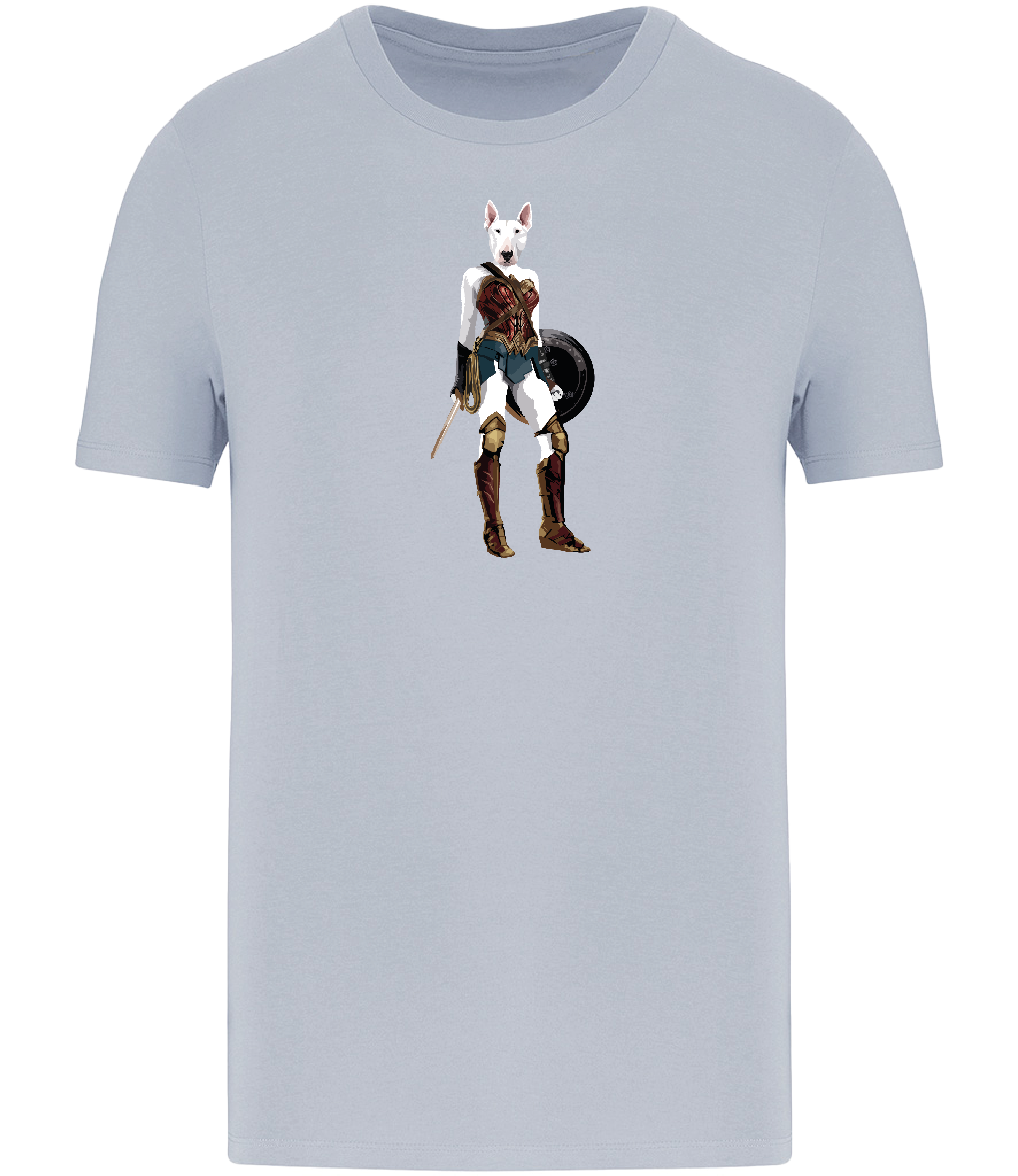 Ronnies Casuals Aqua Blue T-shirt printed with an English Bull Terrier Dog dressed up as Wonder Woman holding a shield and sword