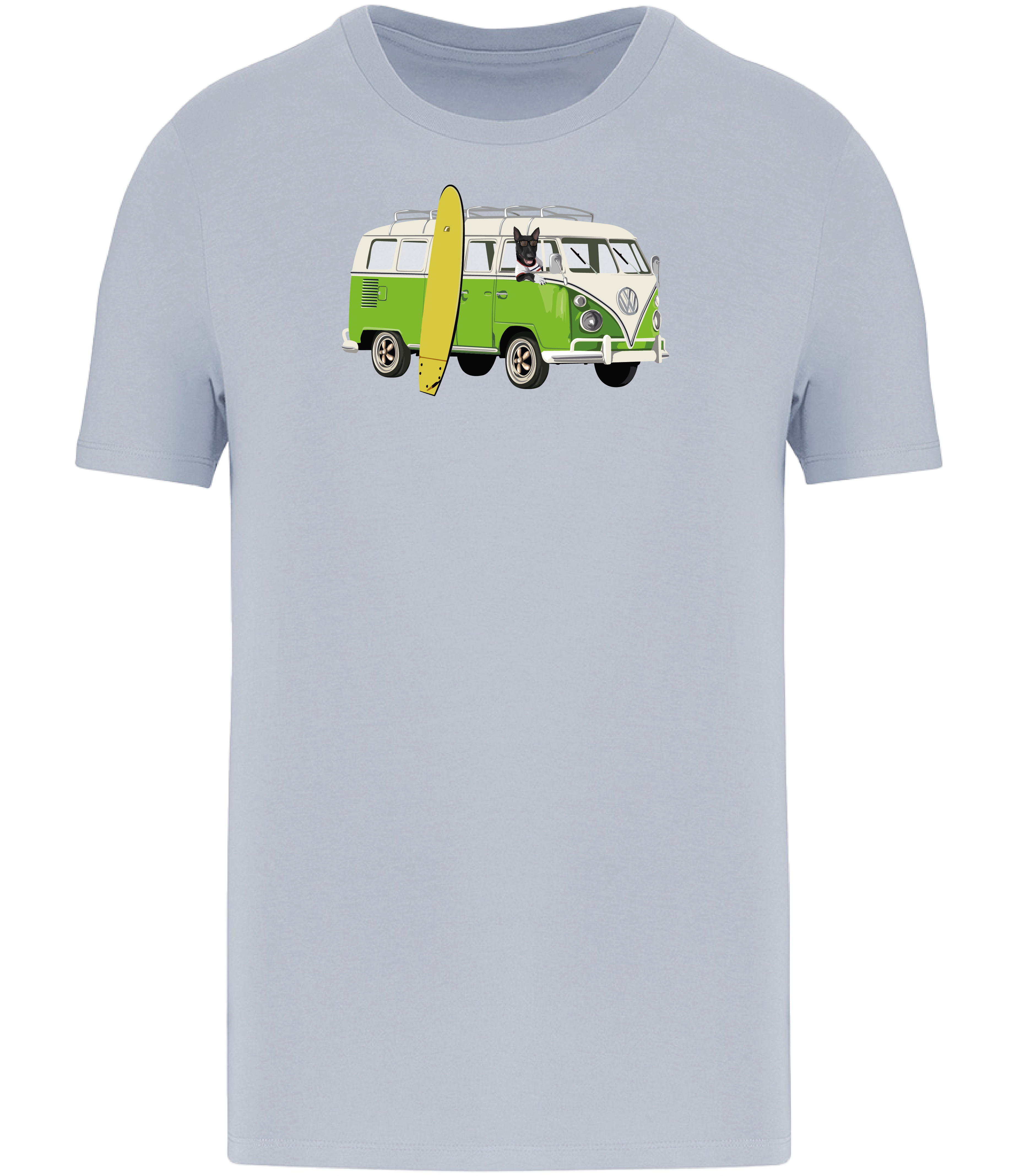Aqua Blue T-shirt printed with and English Bull Terrier Dog in a camper van with a surf board
