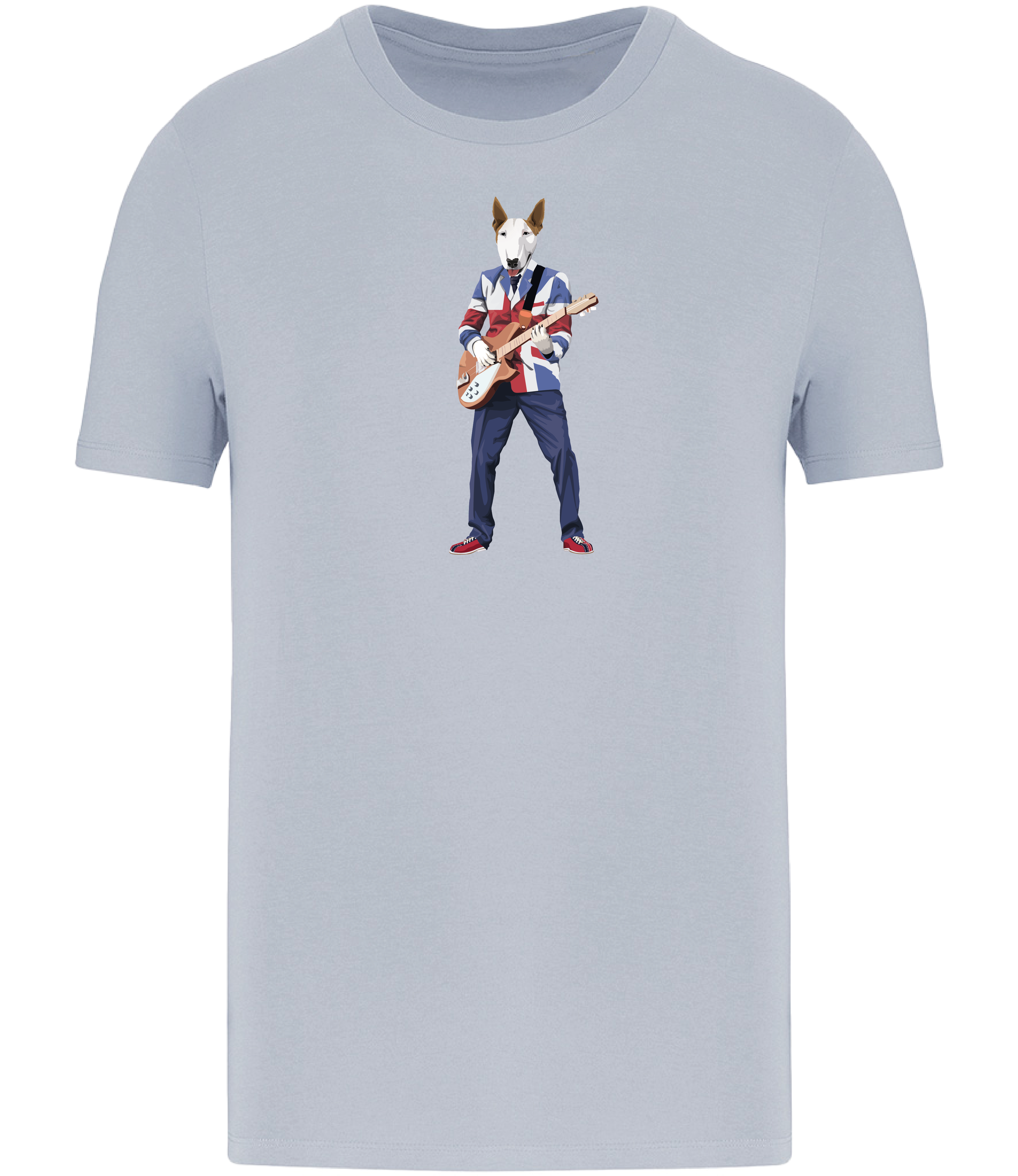 Aqua Blue T-shirt printed with an English Bull Terrier Dog wearing a Union Jack jacket playing a guitar