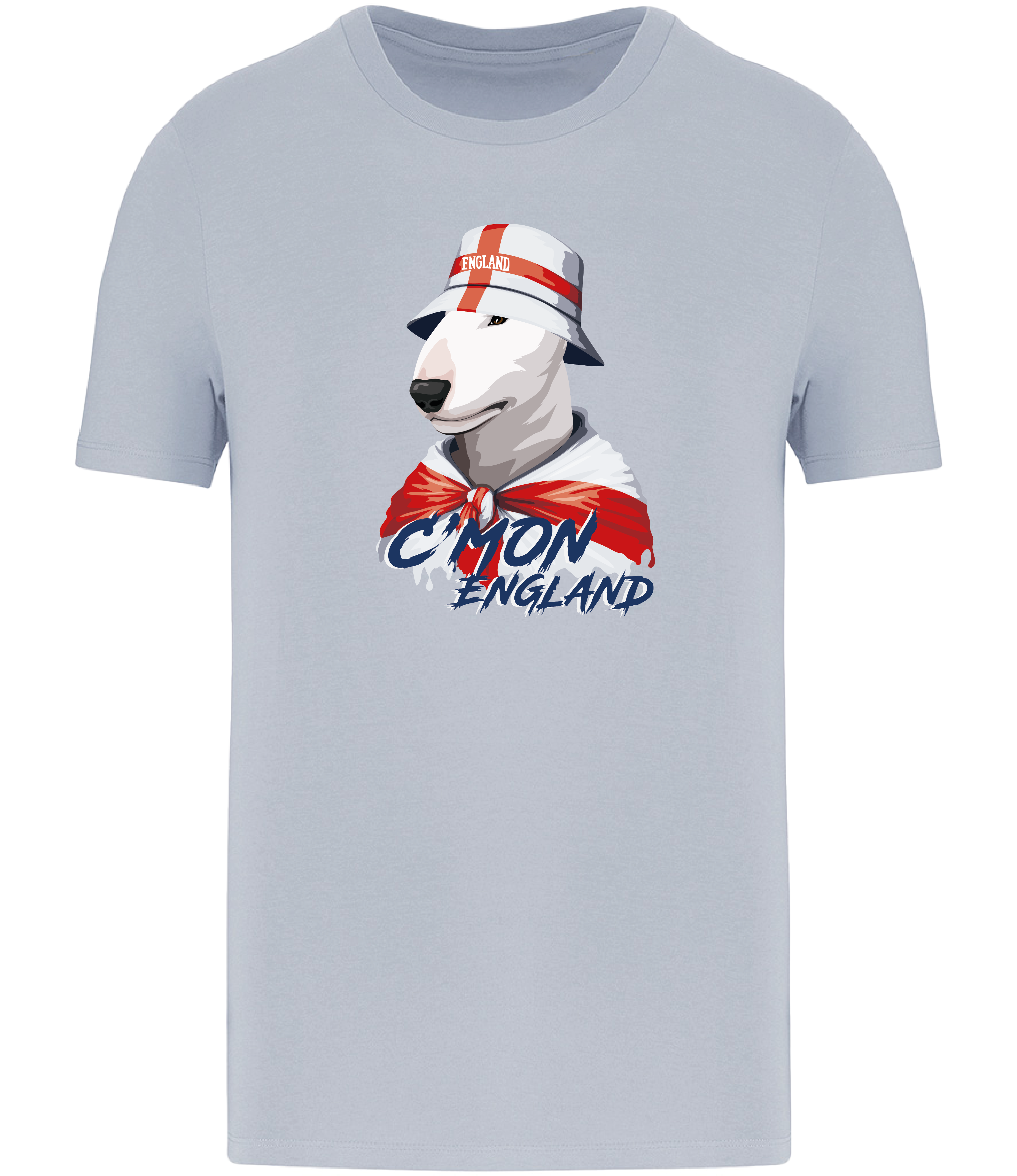 Aqua Blue T-shirt printed by Ronnies Casuals with English Bull Terrier Dog wearing a St Georges flag hat and scarf.  The words C'mon England printed underneath