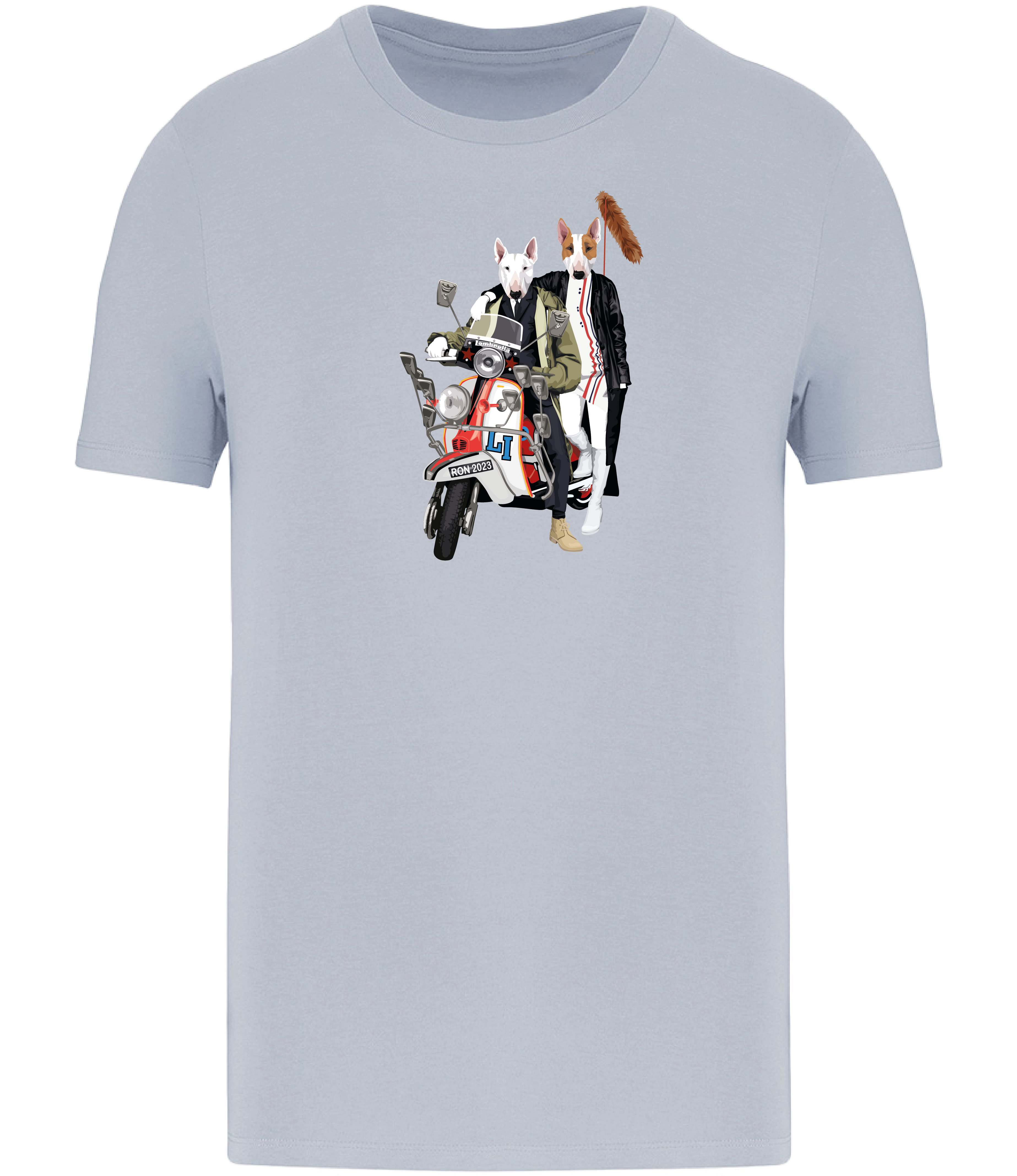 Aqua Blue T-shirt printed with a Boy and Girl English Bull Terrier Dogs Sitting on a classic Scooter with a foxtail on the back