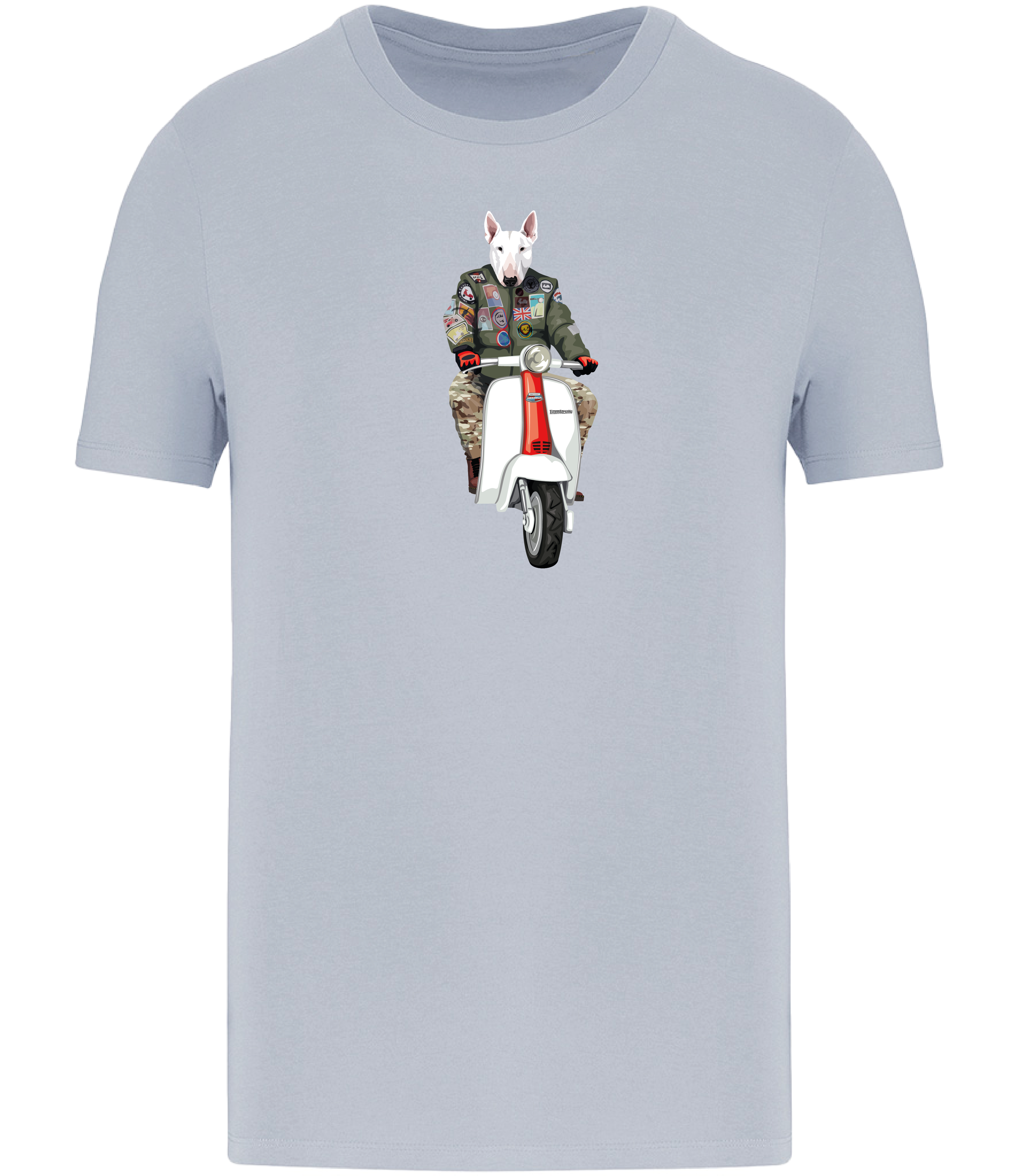 Aqua Blue T-shirt printed with an English Bull Terrier Dog wearing a flight jacket riding a Scooter 