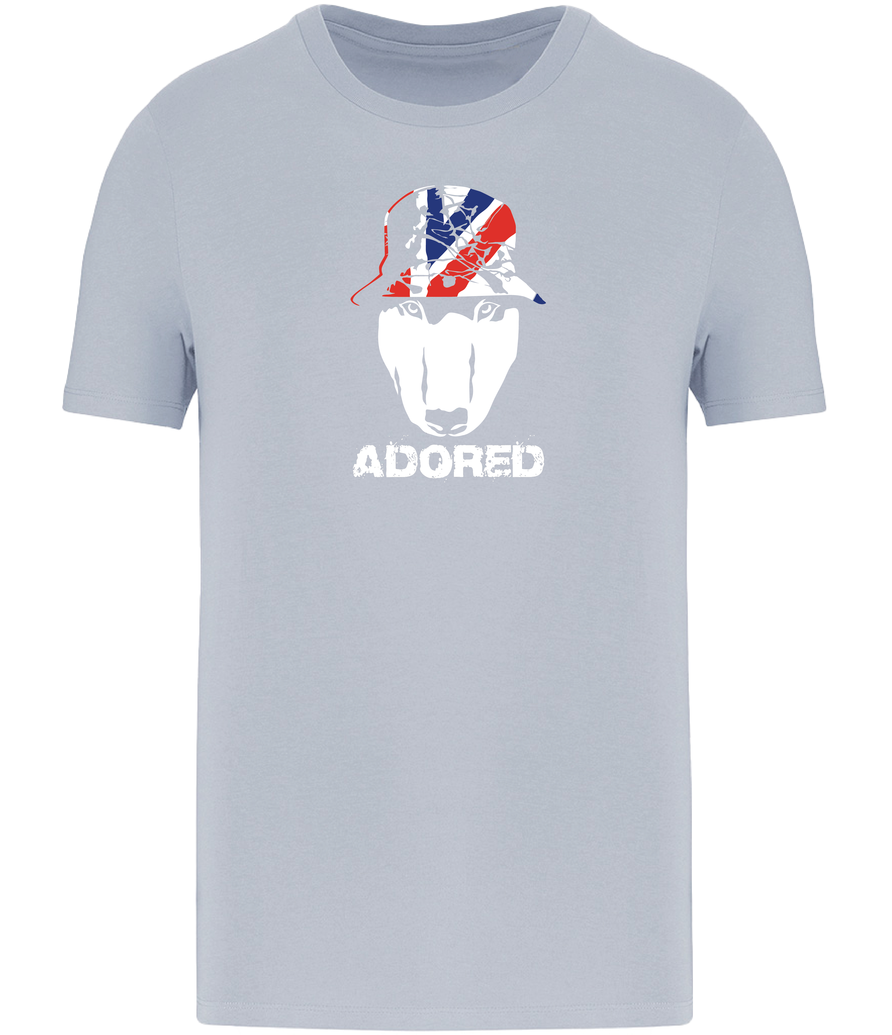 Aqua Blue colour t-shirt with short sleeves and a crew neckline featuring an English Bull Terrier face design wearing a union jack hat and the word Adored underneath
