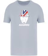 Aqua Blue colour t-shirt with short sleeves and a crew neckline featuring an English Bull Terrier face design wearing a union jack hat