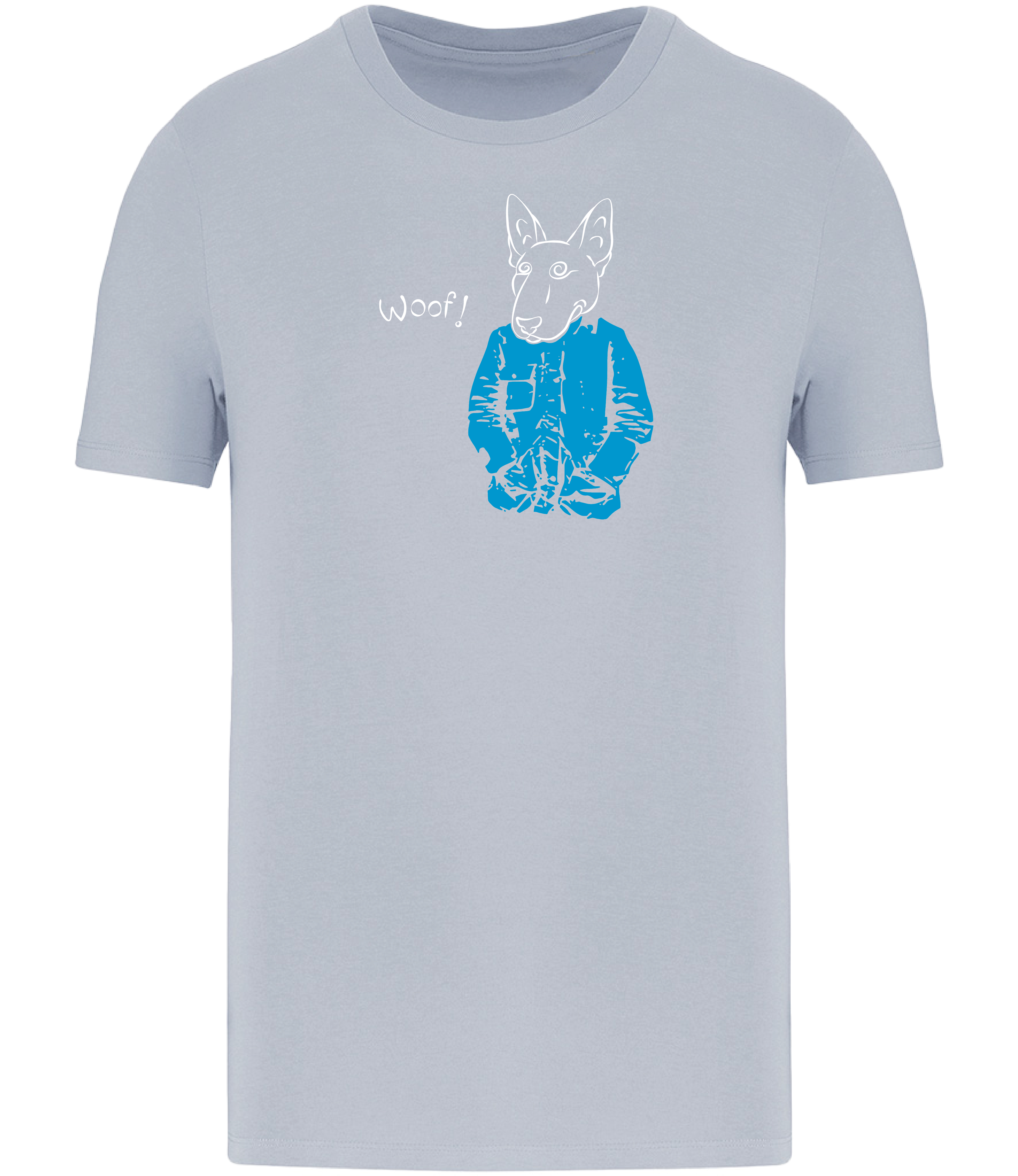 Aqua Blue T-shirt printed with a drawing of an English Bull Terrier Dog wearing a blue jacket and the word woof 