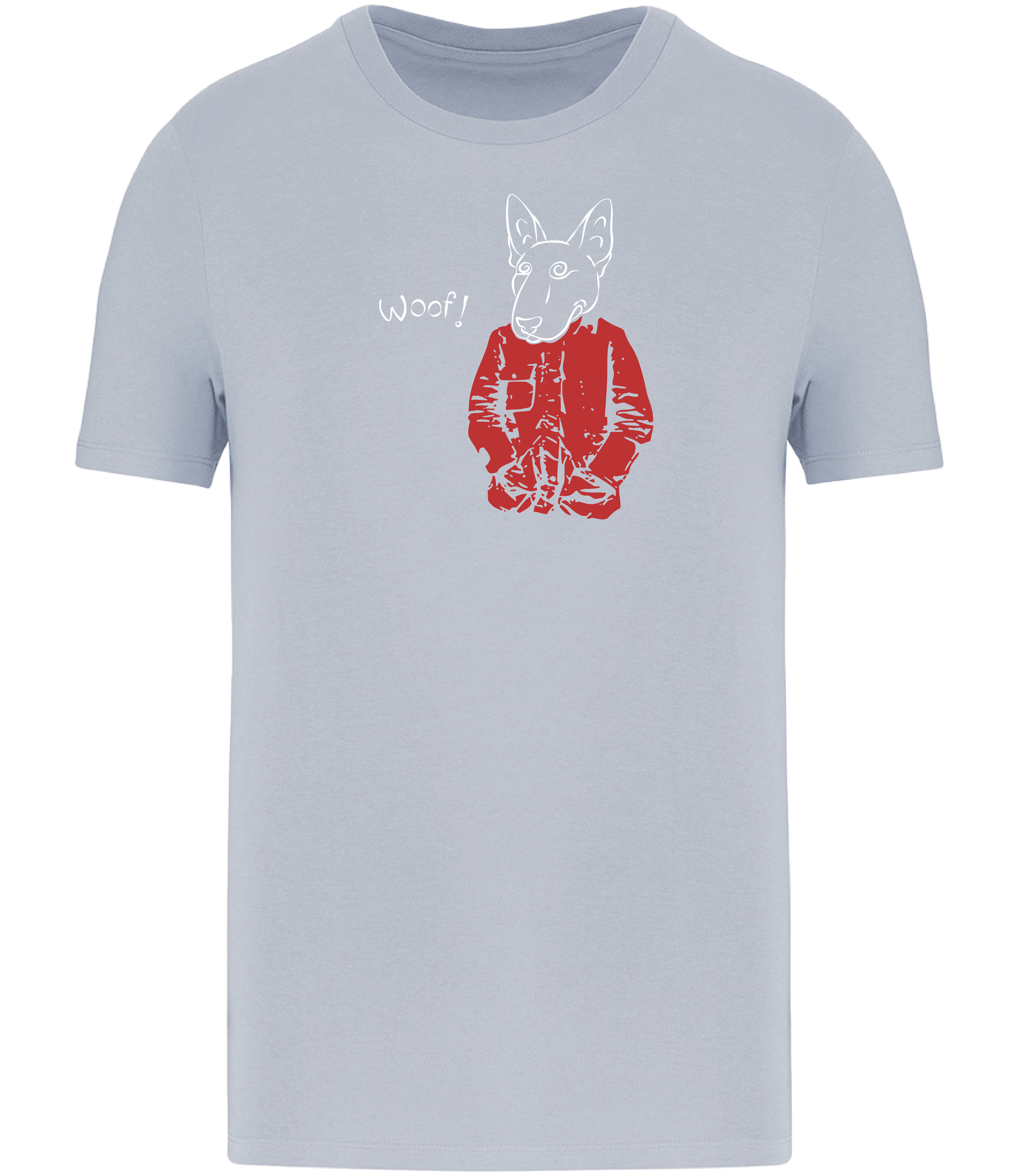 Aqua Blue T-shirt printed with a drawing of an English Bull Terrier Dog wearing a Red jacket and the word woof 
