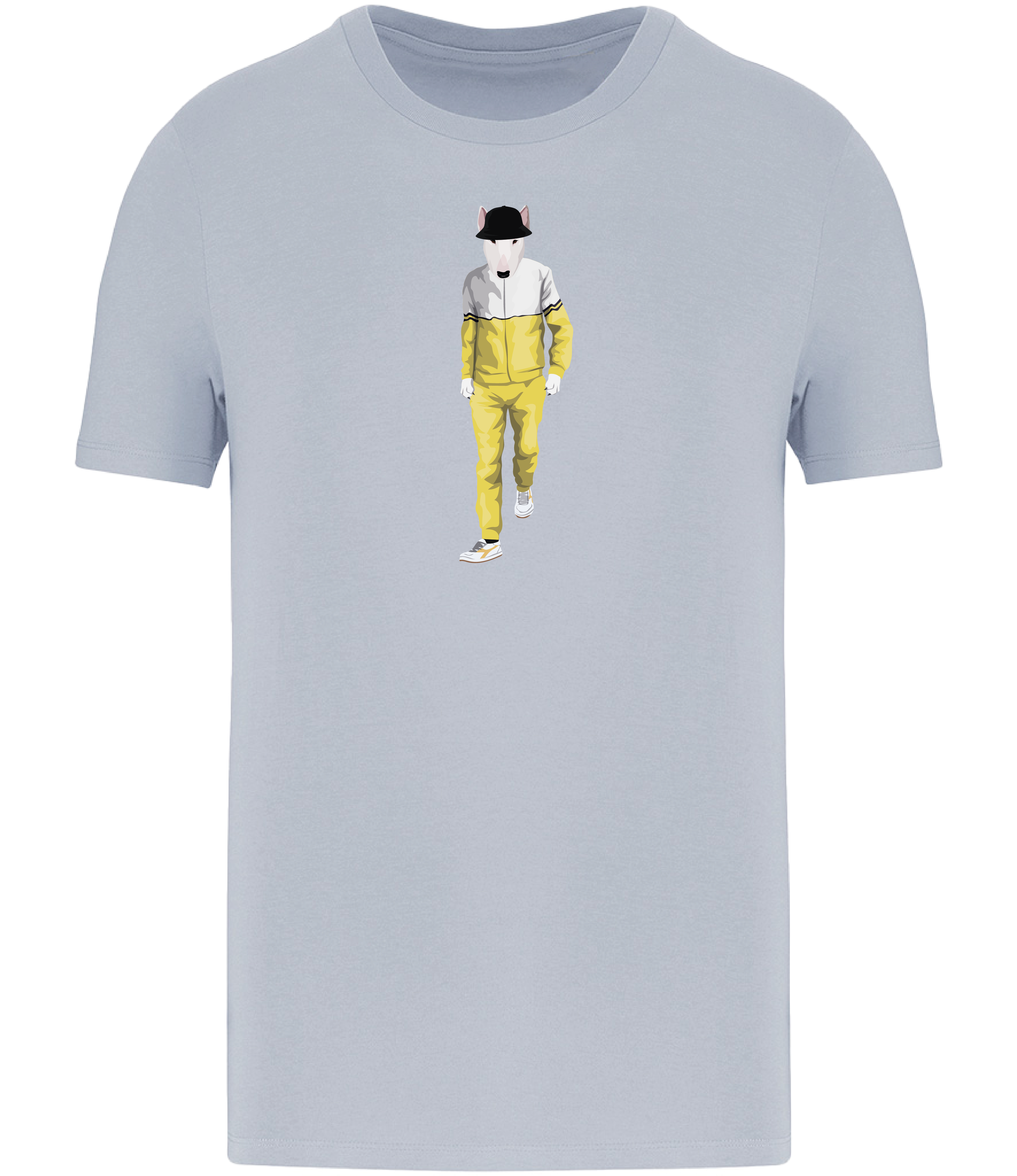 Aqua Blue T-shirt printed with an English Bull terrier Dog wearing a yellow and white tracksuit, trainers and a black bucket hat