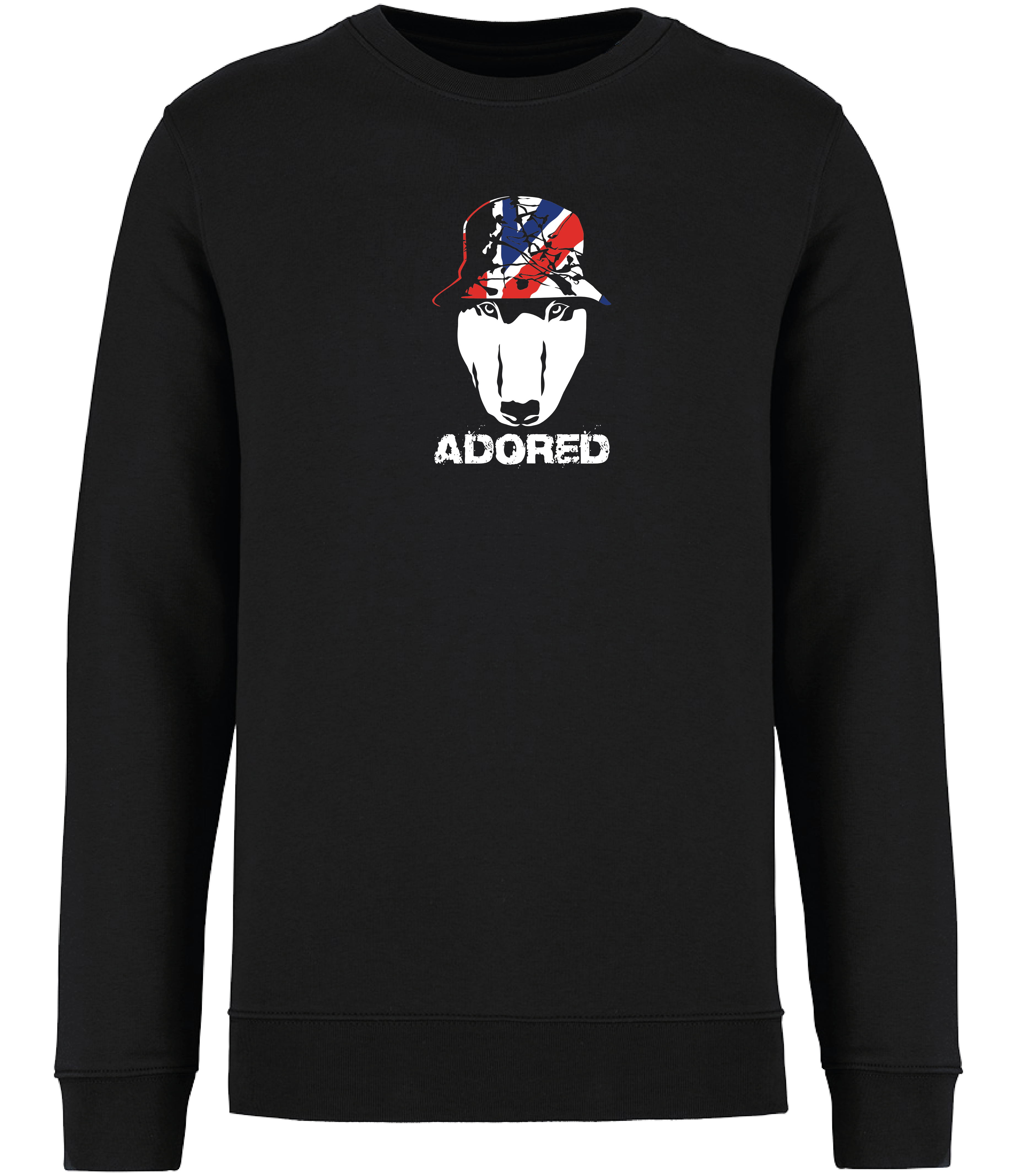 Black Sweatshirt printed with English Bull Terrier head wearing a union jack bucket hat and the words adored underneath. Stone Roses inspired sweatshirt from Ronnies Casuals.