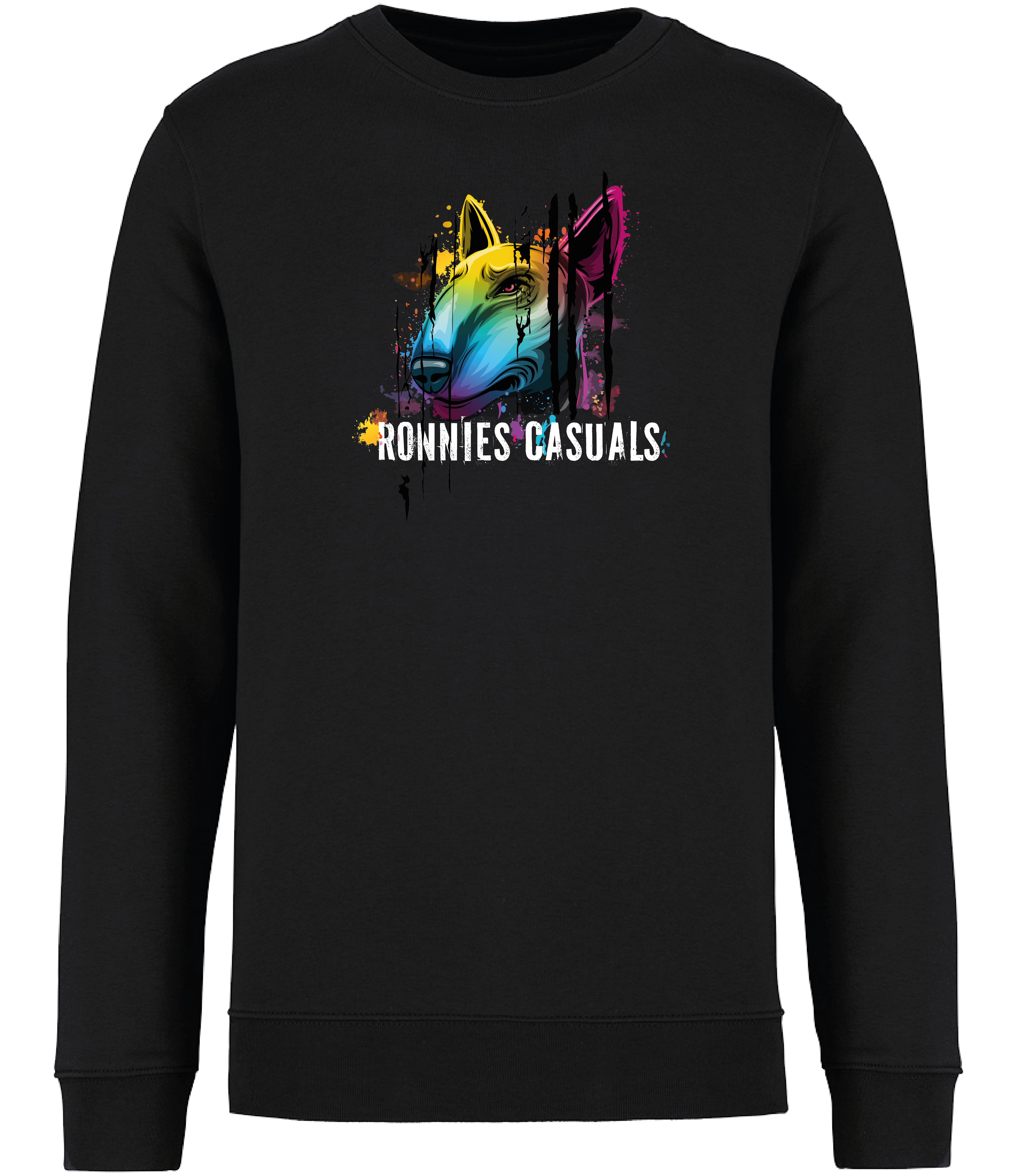 Ronnies Casuals Black Sweatshirt printed with Colourful English Bull Terrier Dog head and words saying Ronnies Casuals underneath