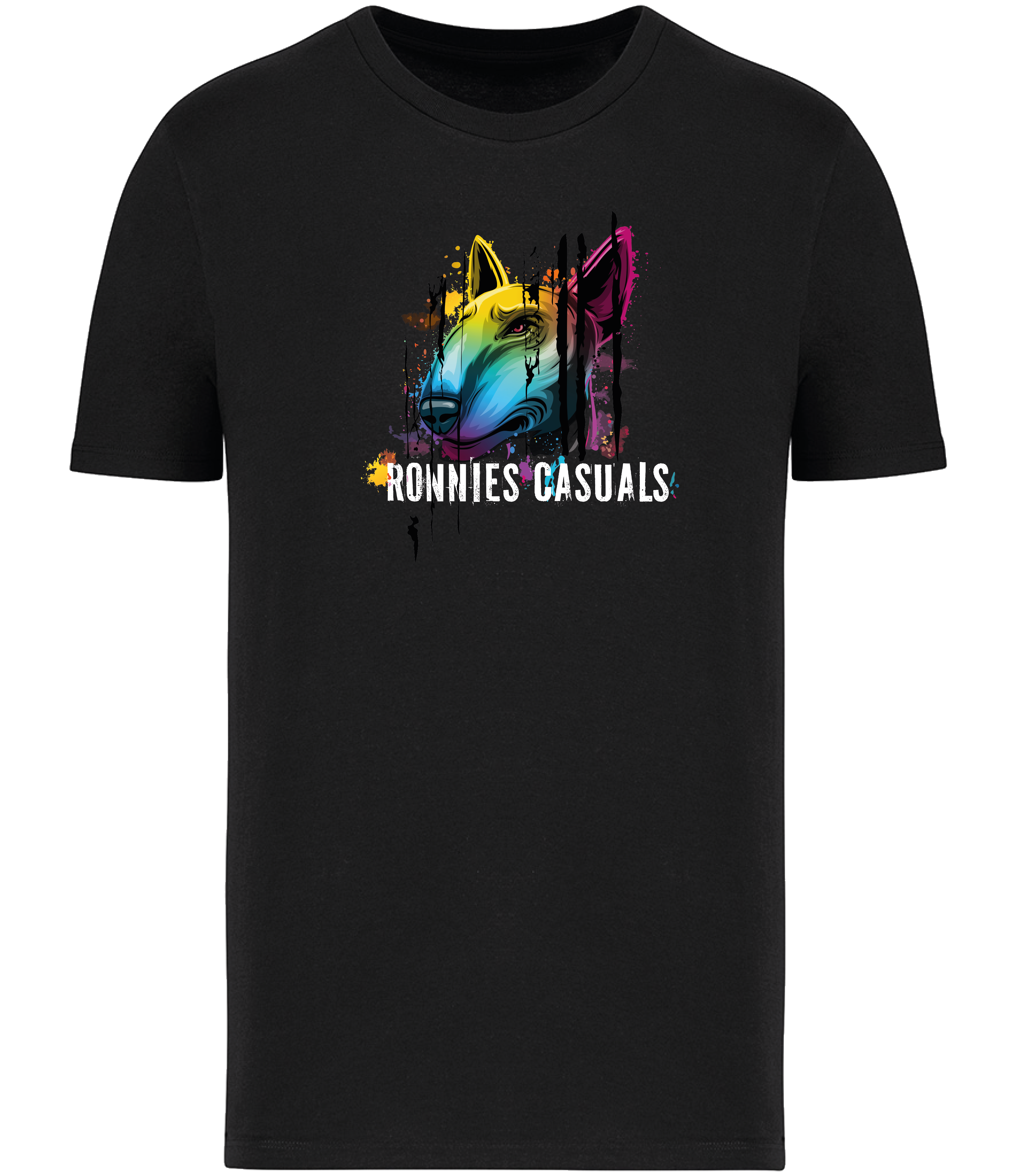 Ronnies Casuals Black T-shirt printed with Colourful English Bull Terrier Dog head and words saying Ronnies Casuals underneath. Available in S, M, L, XL, 2XL, 3XL.