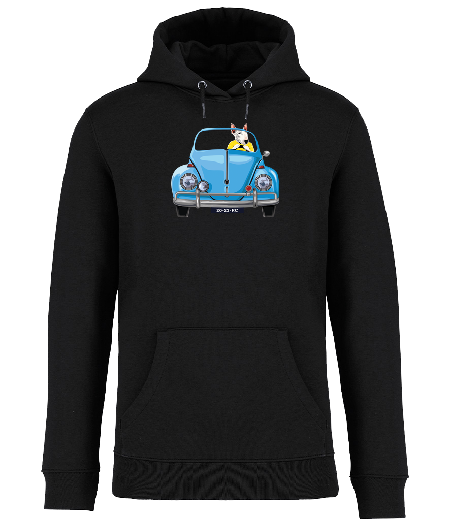 Black Hoodie printed with an English Bull Terrier Dog wearing a yellow top driving a Blue Beetle Car