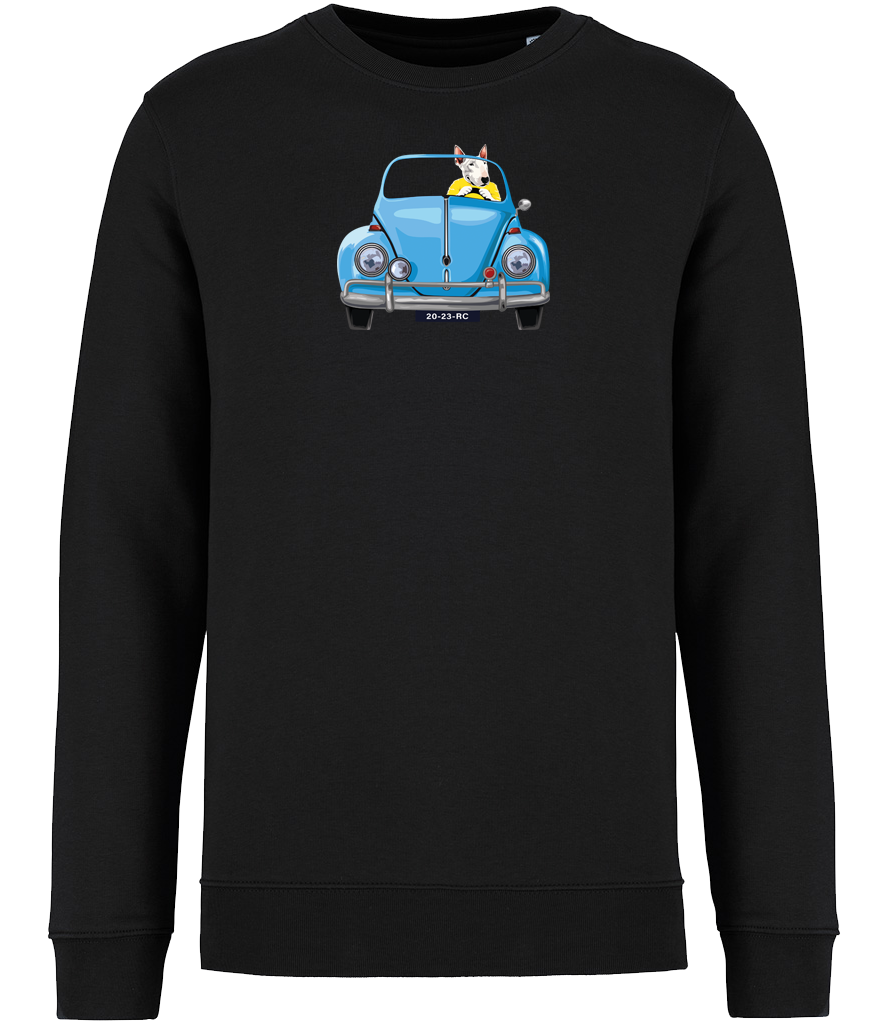 Black Sweatshirt printed with an English Bull Terrier Dog wearing a yellow top driving a Blue Beetle Car