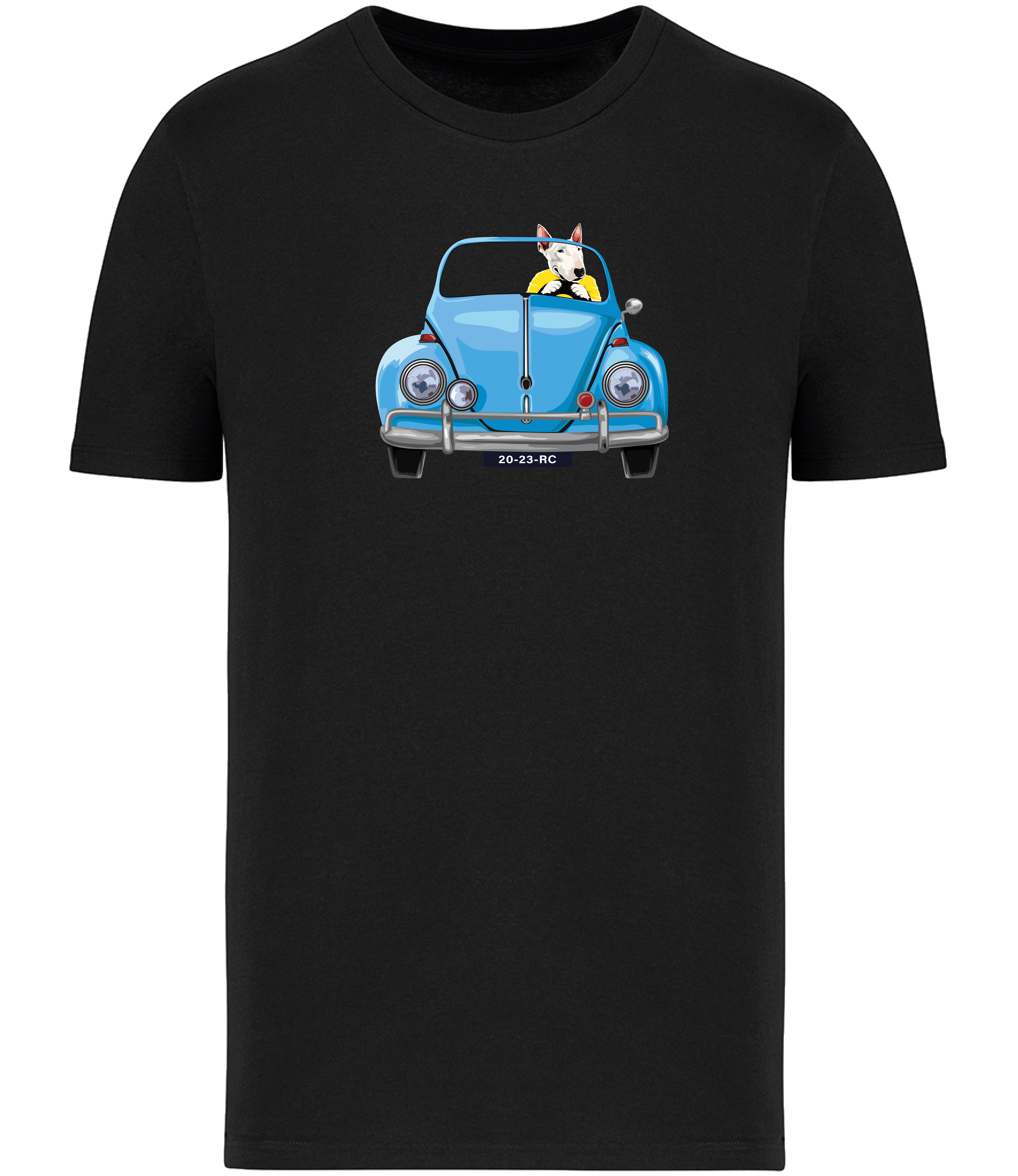 Black T-shirt printed with an English Bull Terrier Dog wearing a yellow top driving a Blue Beetle Car
