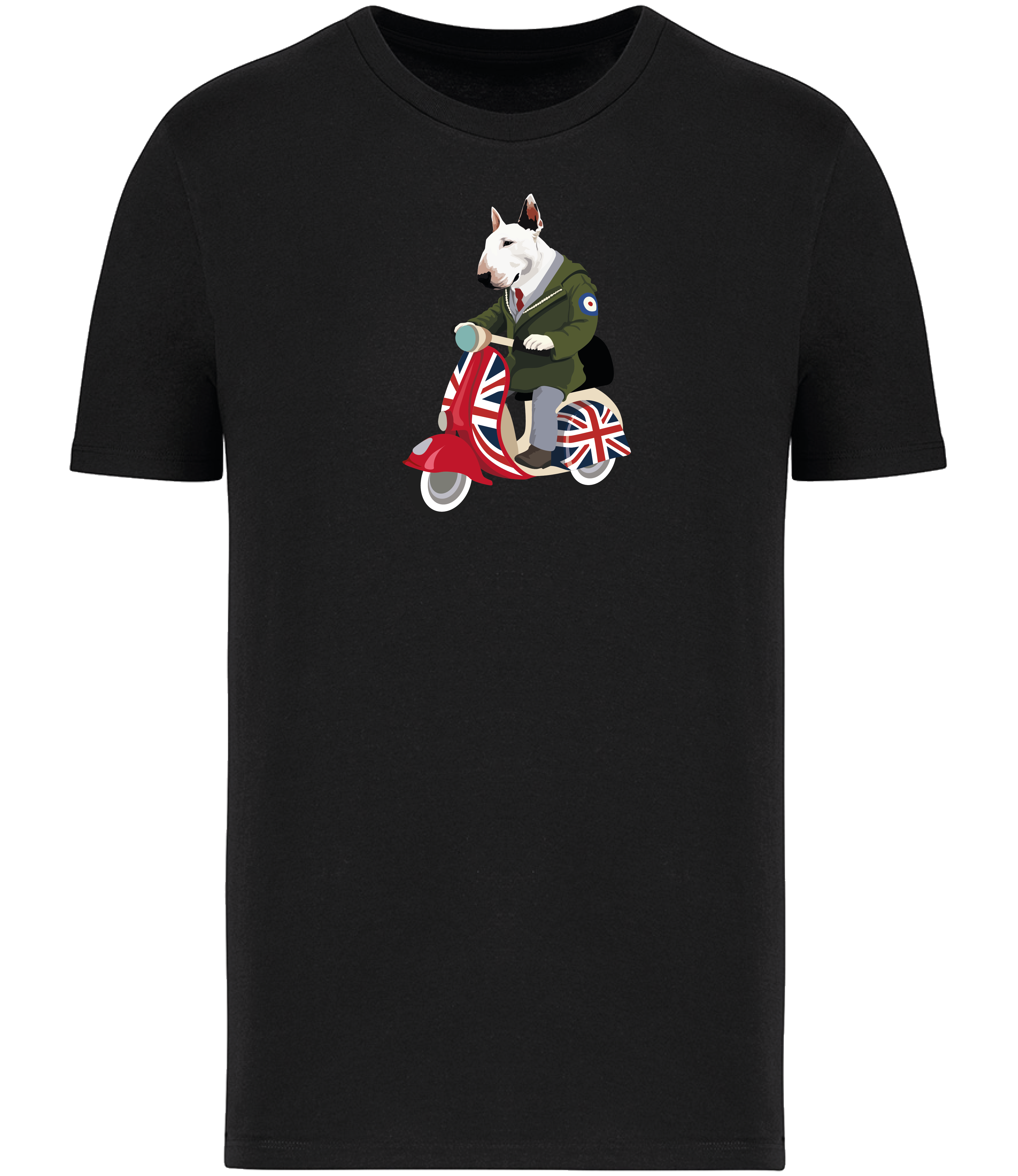 Black T-shirt printed with and English Bull Terrier Dog wearing a parka coat riding a scooter painted in Union Jack colours