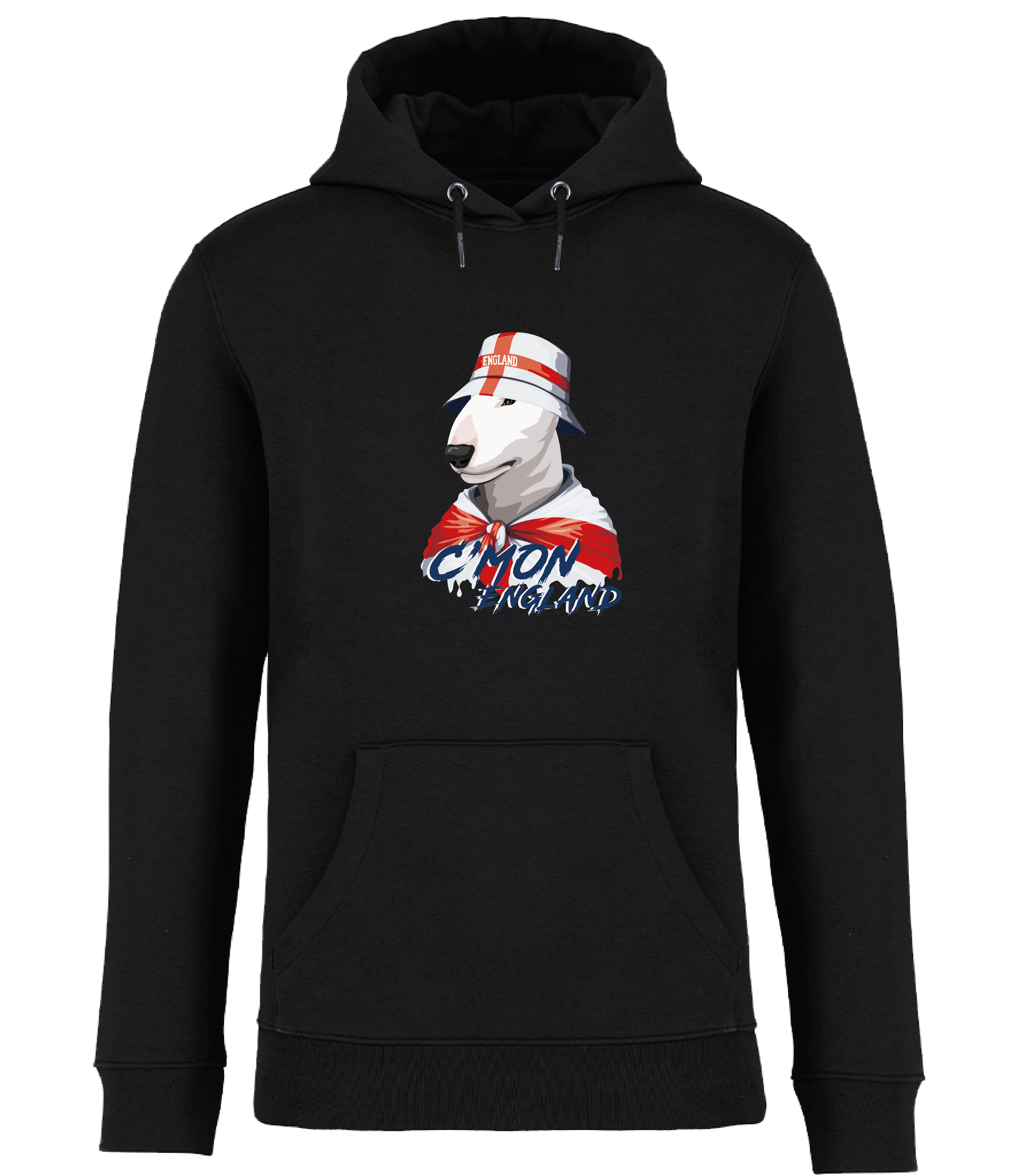 Dog hoodies for humans by Ronnies Casuals: Black Hoodie printed with English Bull Terrier Dog wearing a St Georges flag hat and scarf.  The words C'mon England printed underneath