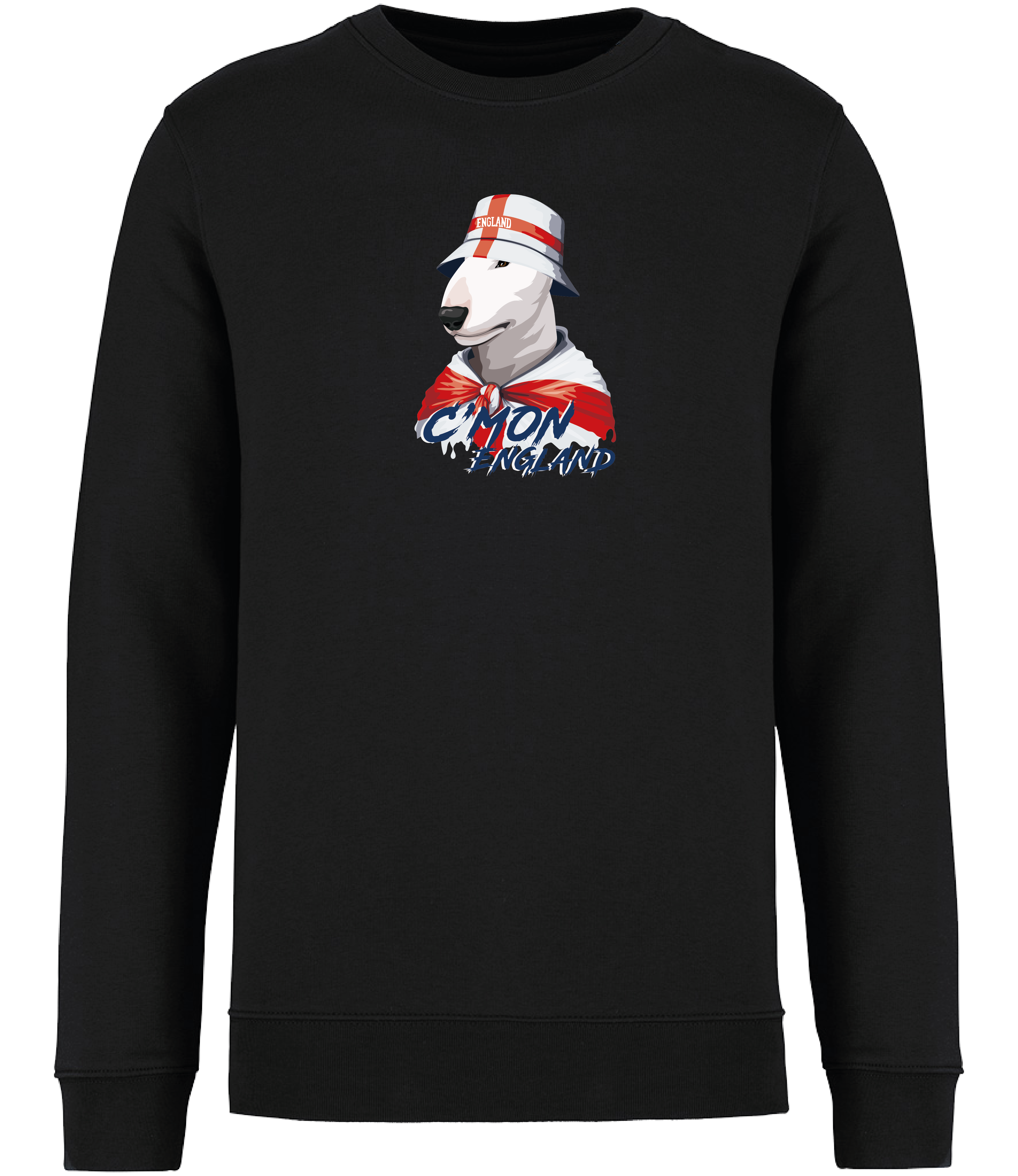 Ronnies Casuals Black Sweatshirt printed with English Bull Terrier Dog wearing a St Georges flag hat and scarf.  The words C'mon England printed underneath