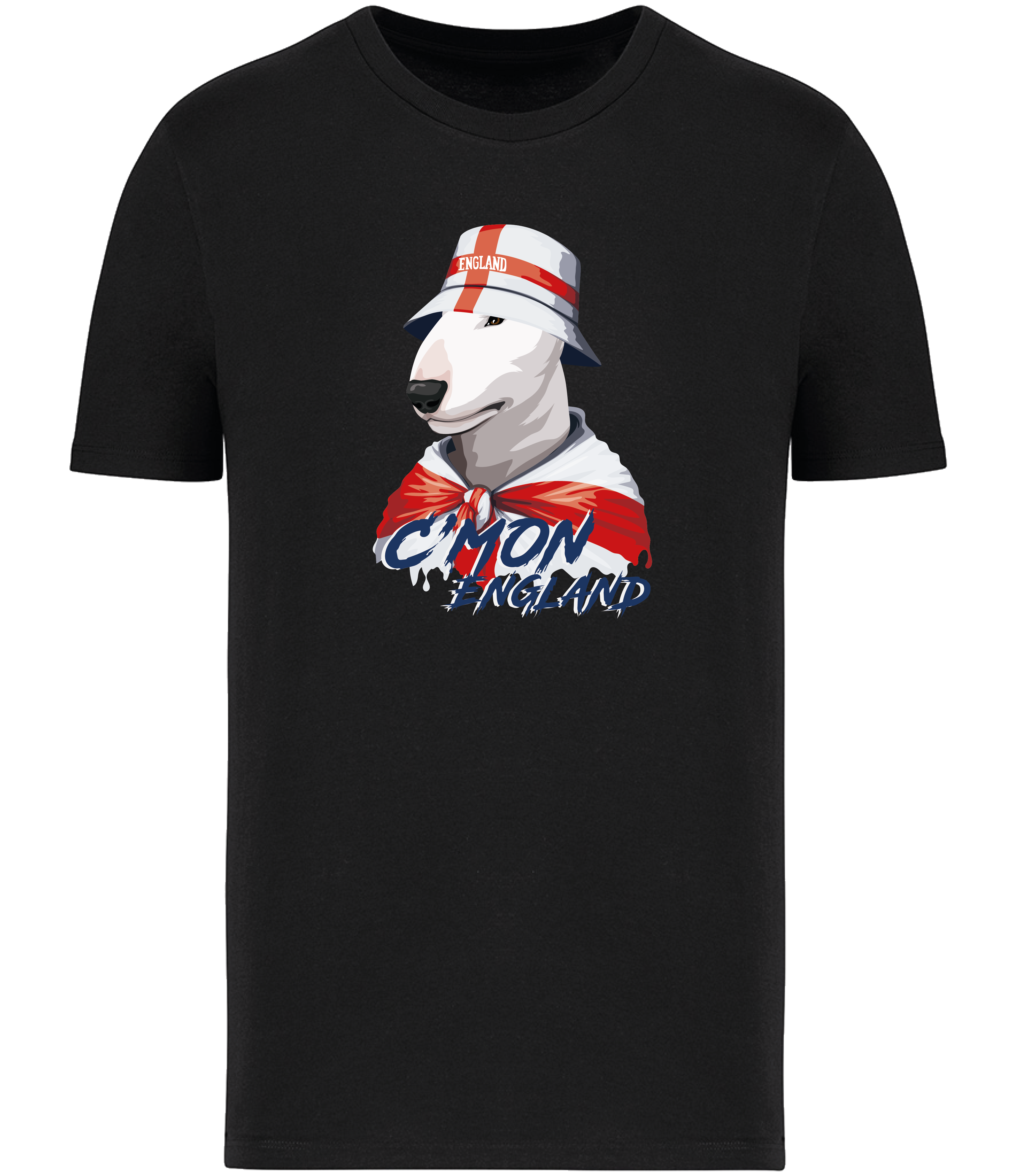 Black T-shirt printed by Ronnies Casuals with English Bull Terrier Dog wearing a St Georges flag hat and scarf.  The words C'mon England printed underneath