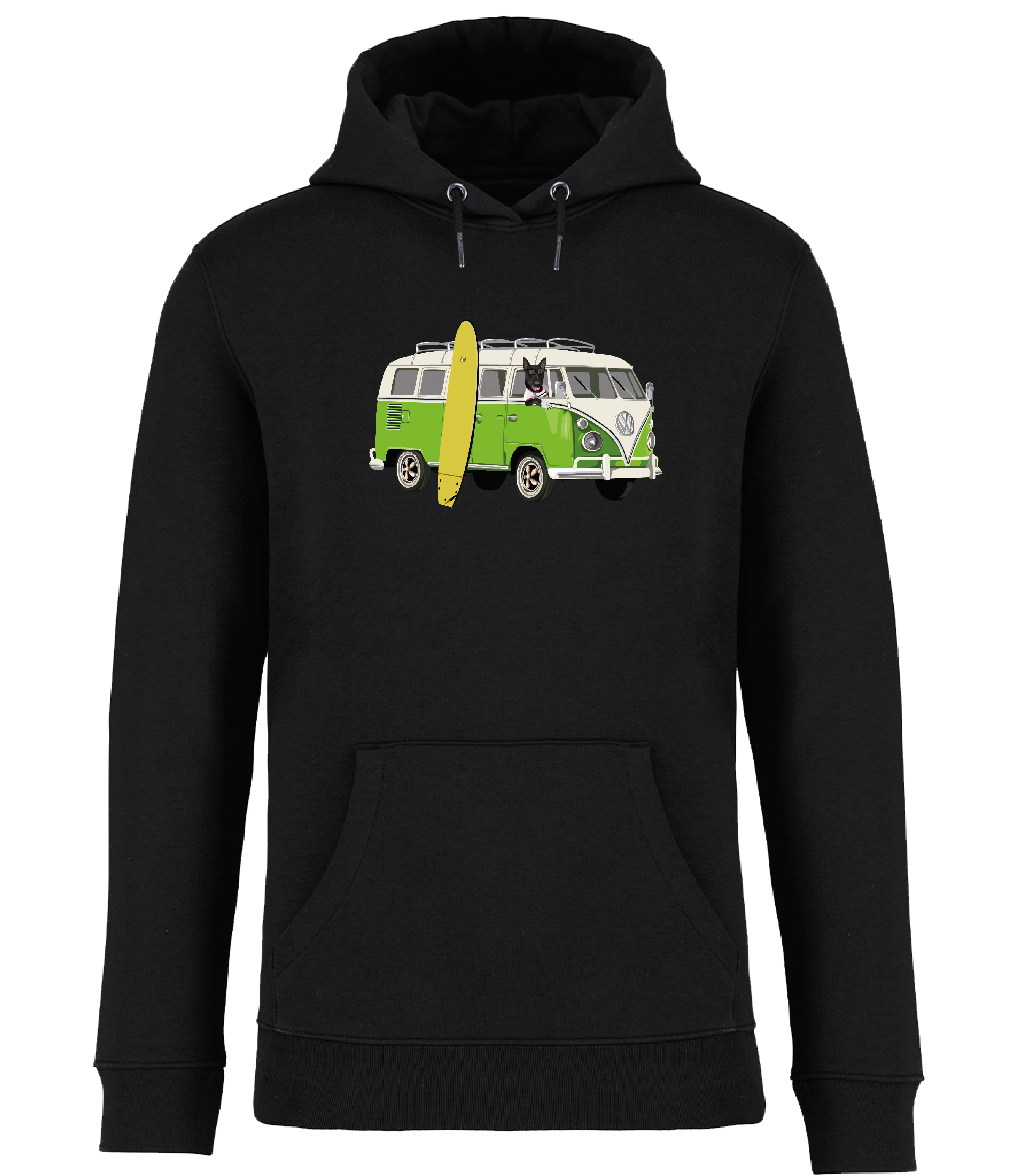 Black Hoodie printed with and English Bull Terrier Dog in a camper van with a surf board