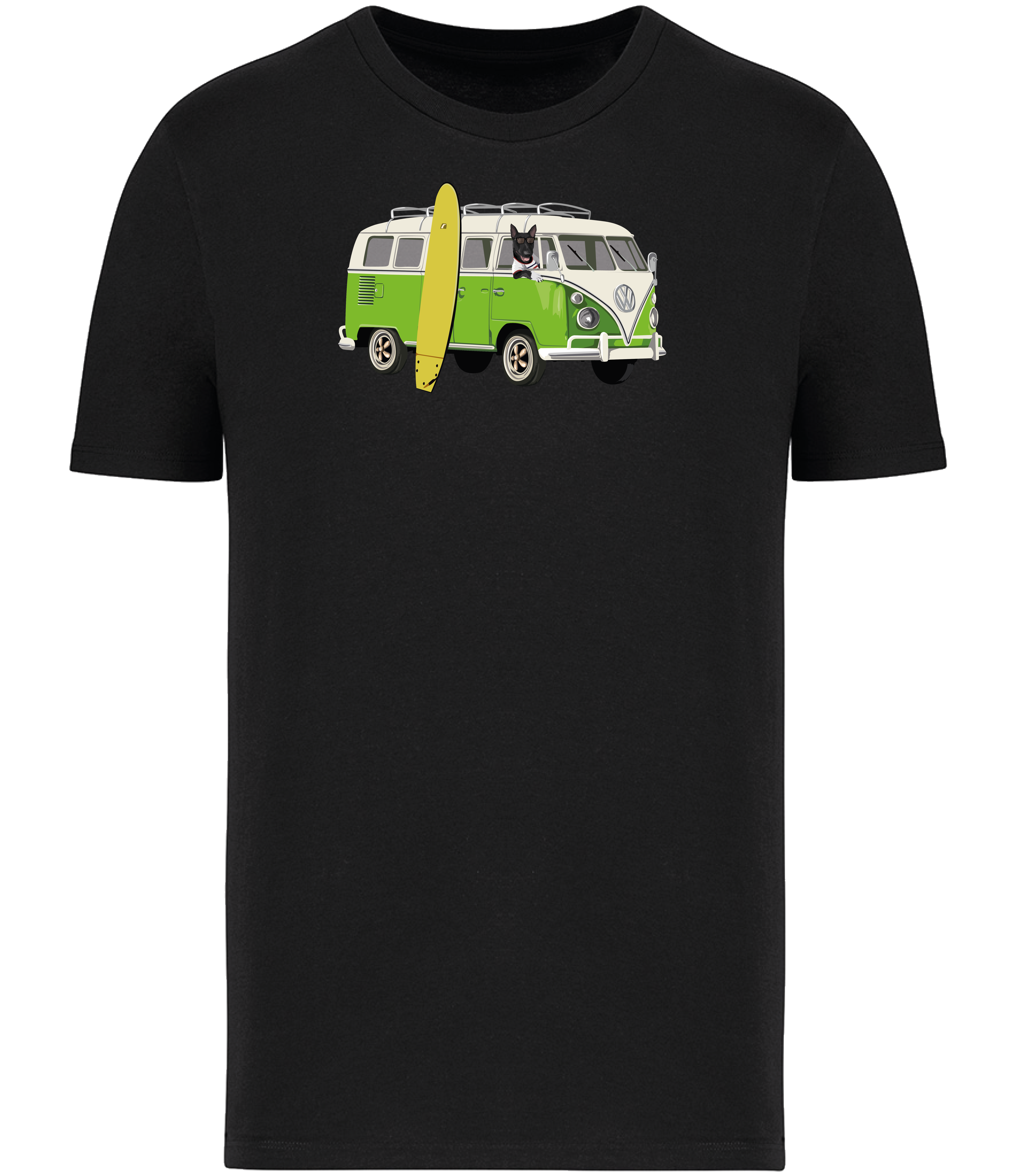 Black T-shirt printed with and English Bull Terrier Dog in a camper van with a surf board