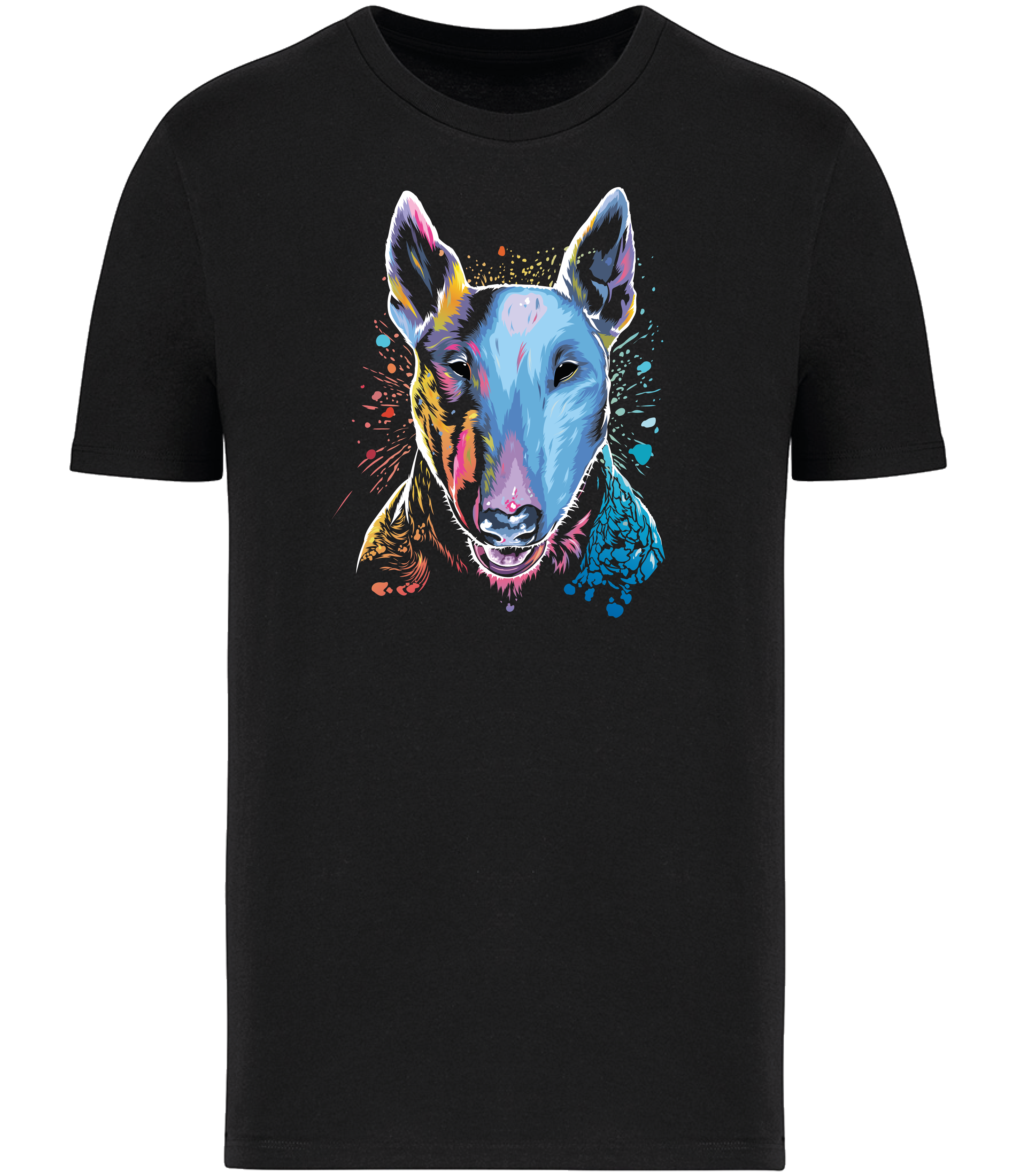 Black T-shirt printed with an English Bull Terrier Dog face in bright colours and paint splashes 