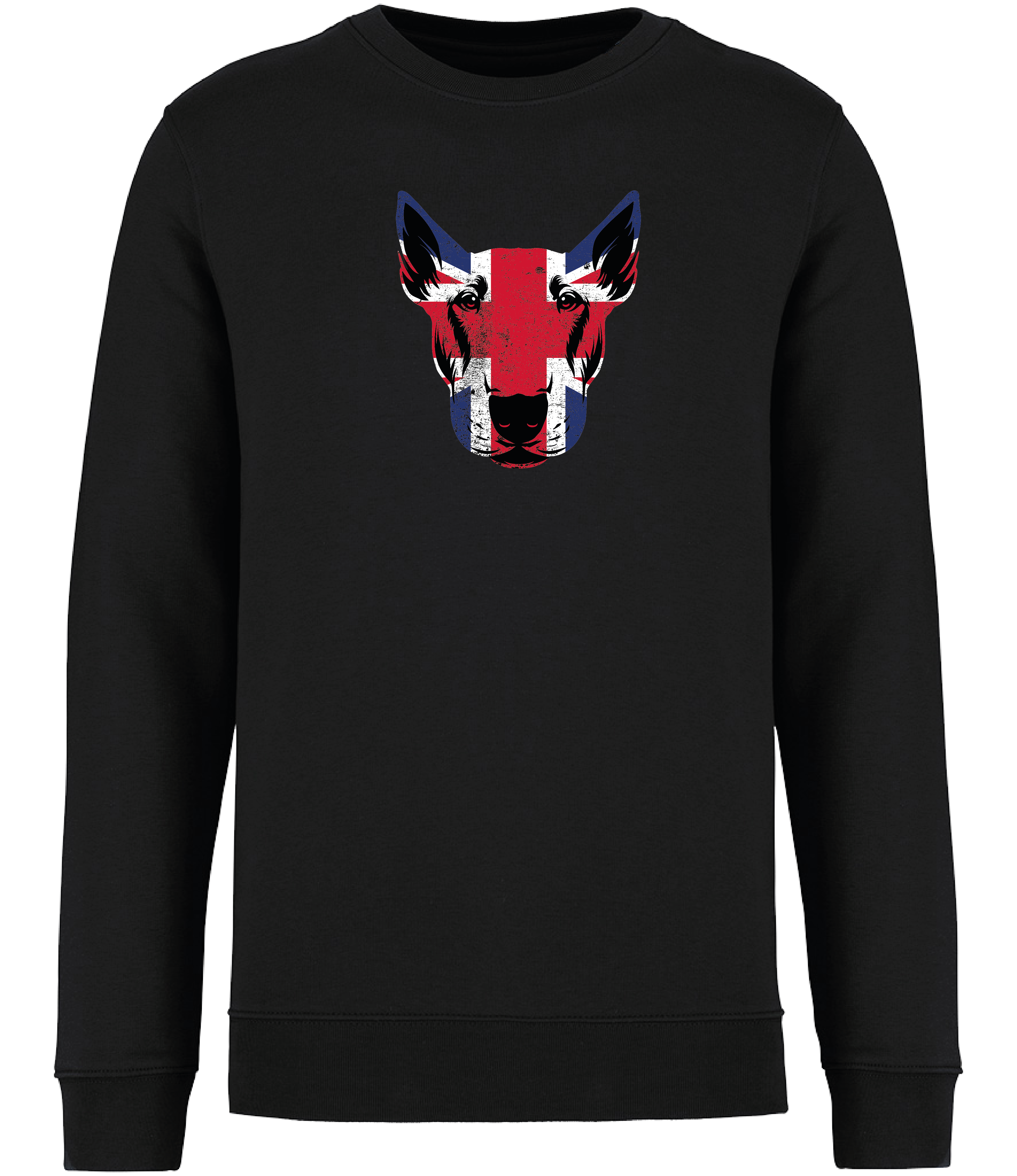 Ronnies Casuals Black Sweatshirt printed with an English Bull Terrier Face covered in Union Jack Colours