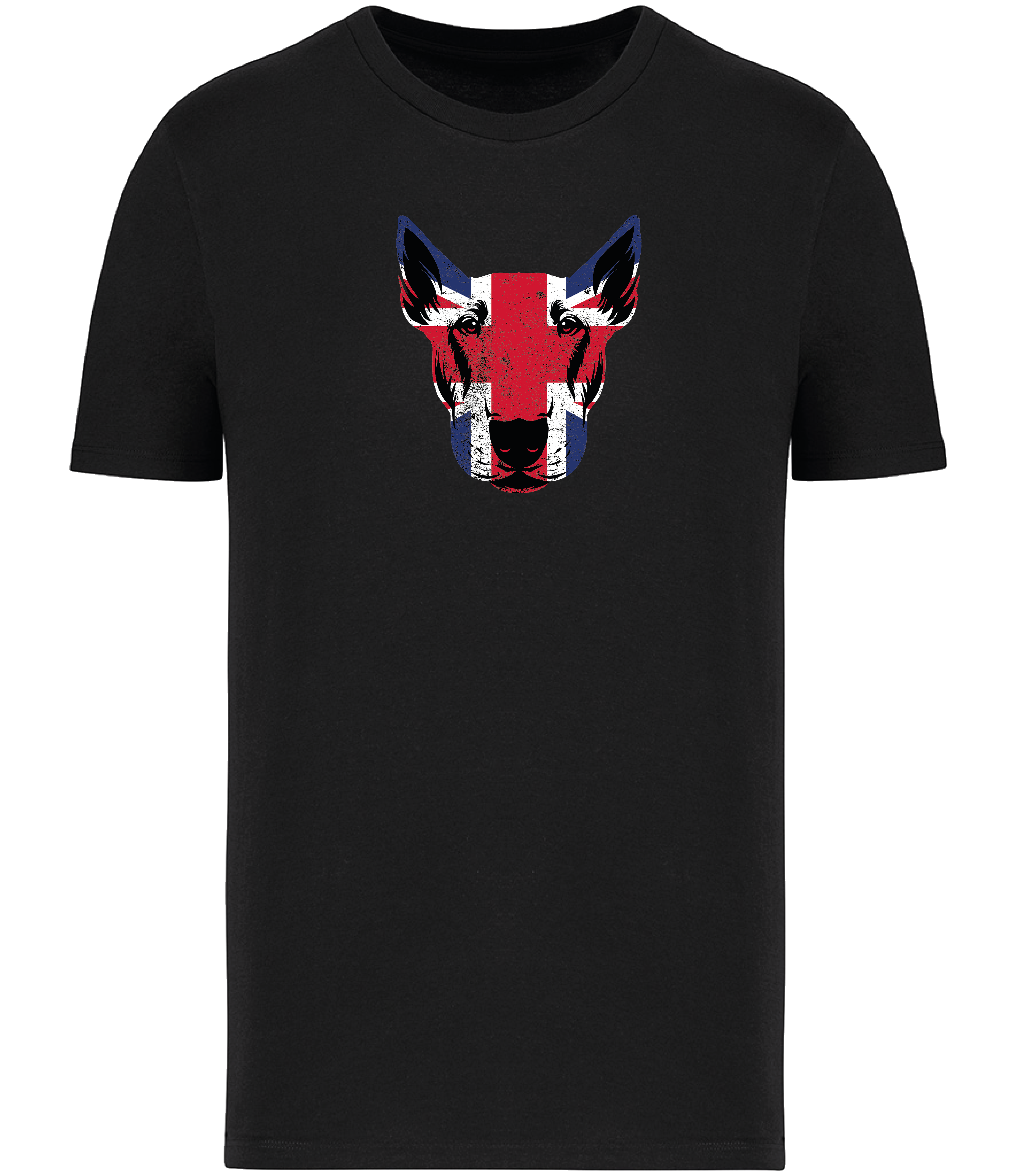 Black T-shirt printed with and English Bull Terrier Face covered in Union Jack Colours