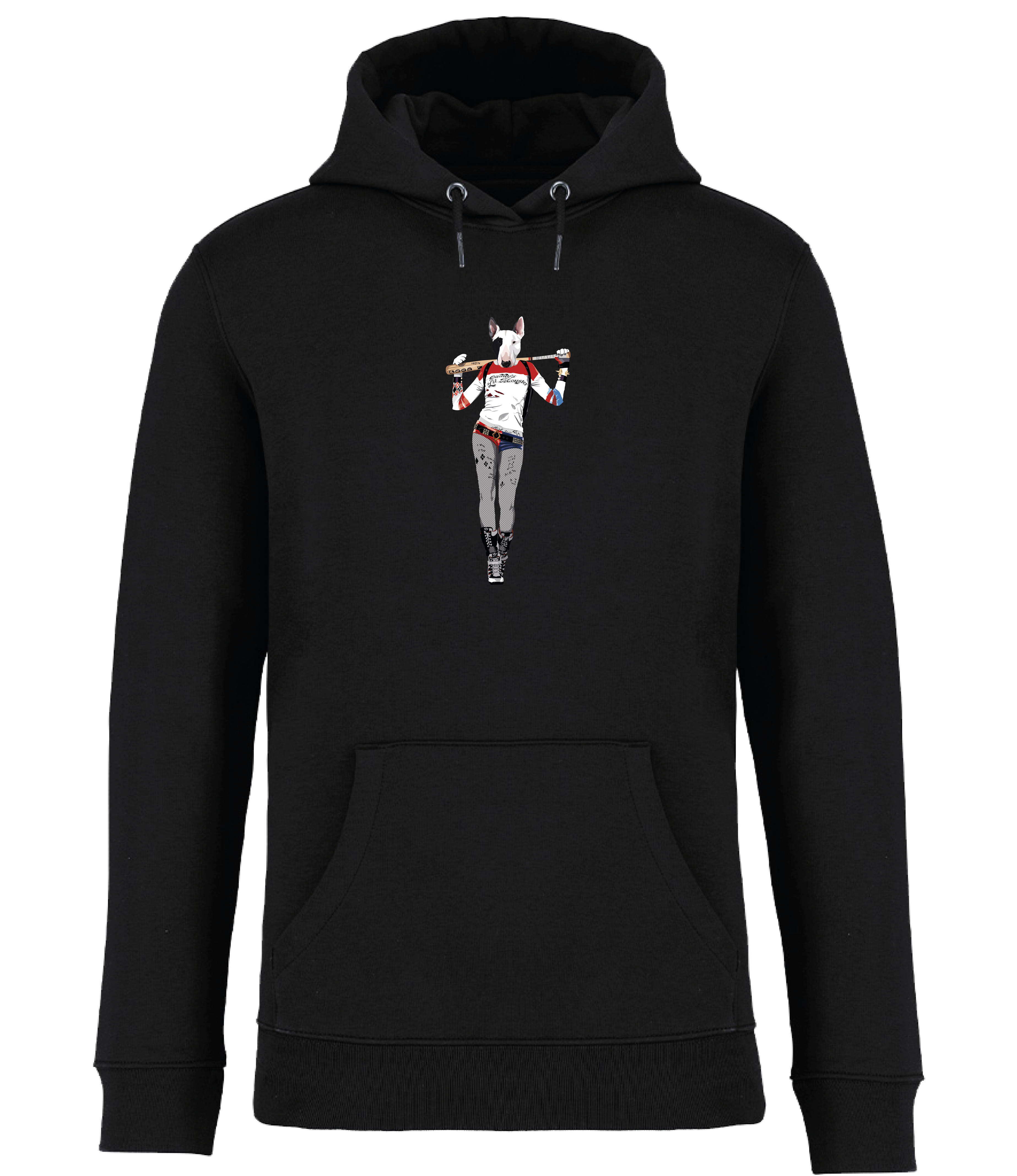 Black Hoodie printed with and English Bull Terrier Dog dressed as the Harley Quinn character