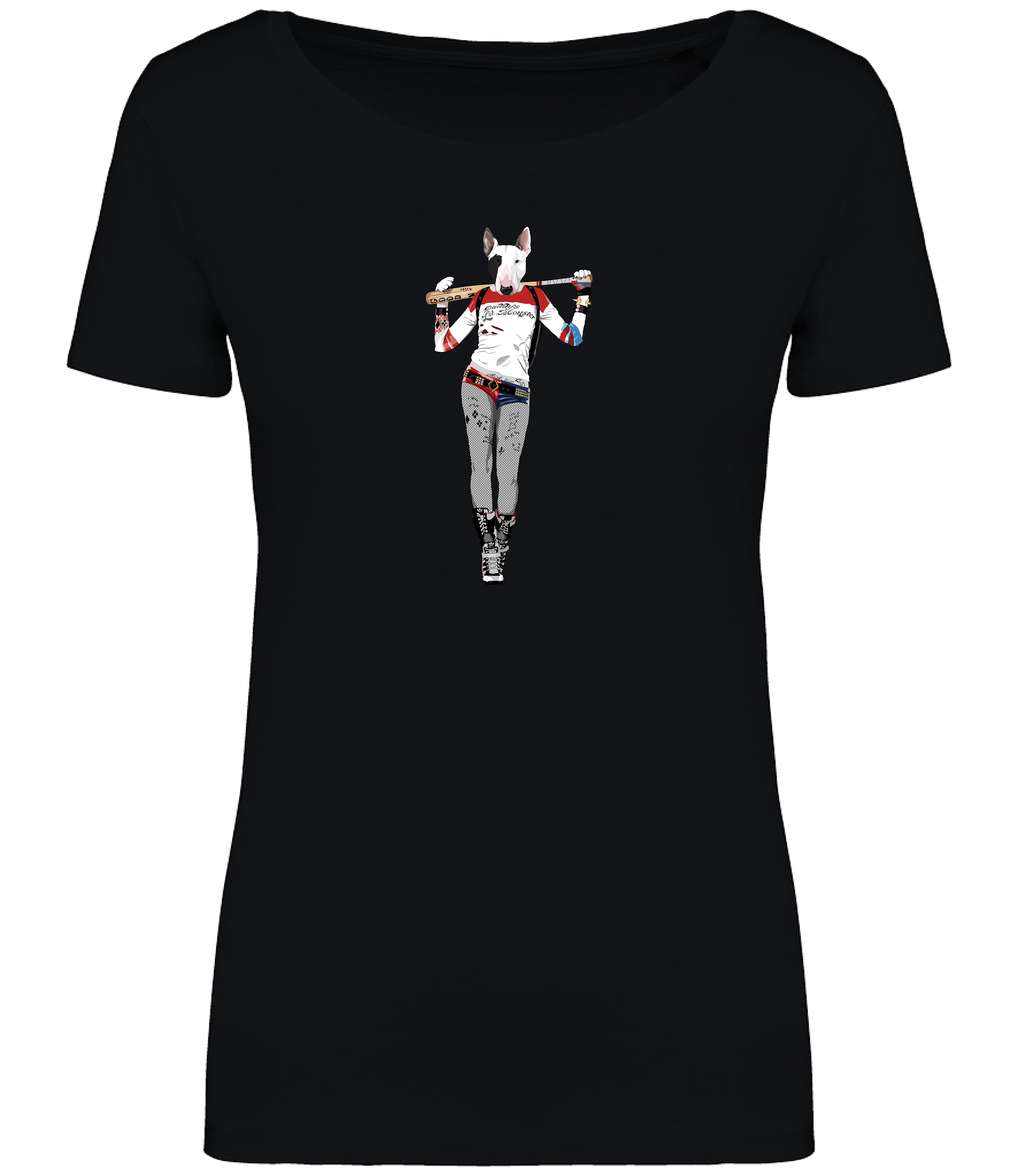 Black Ladies T-shirt printed with and English Bull Terrier Dog dressed as the Harley Quinn character