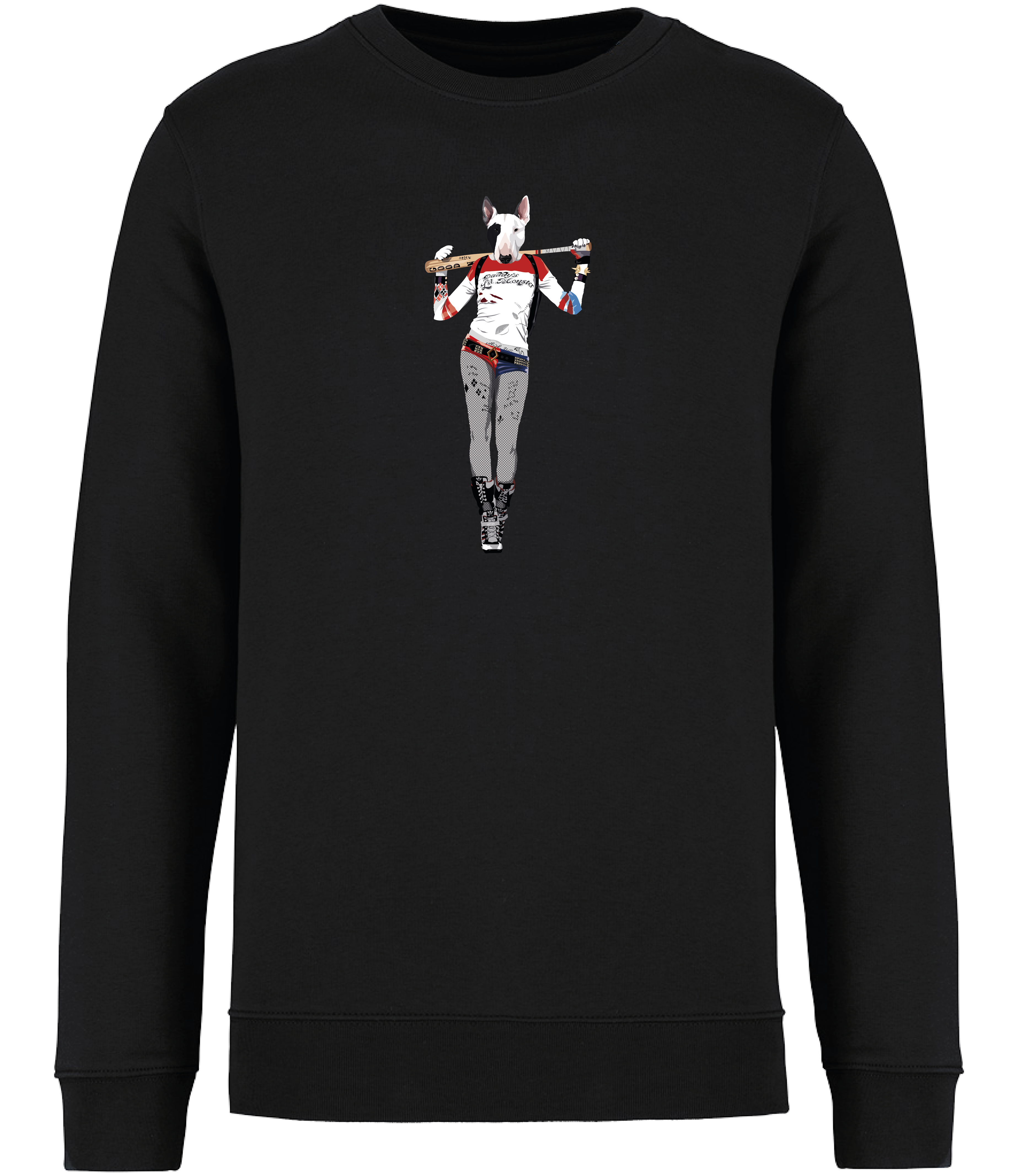 Black Sweatshirt printed with and English Bull Terrier Dog dressed as the Harley Quinn character